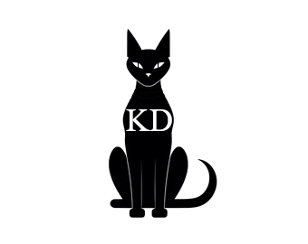 A black silhouette drawing of a sitting cat with the letters 'KDM' on its chest.