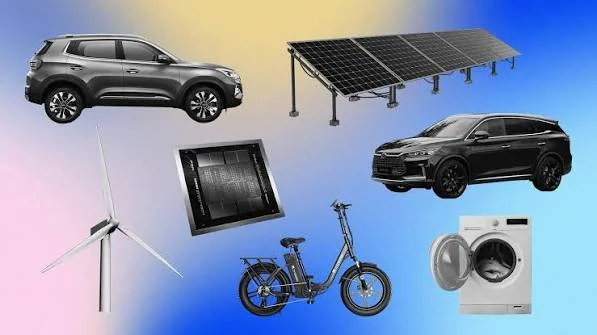 A collection of images of tech products including an e-bike, an electric vehicle, and a semiconductor.