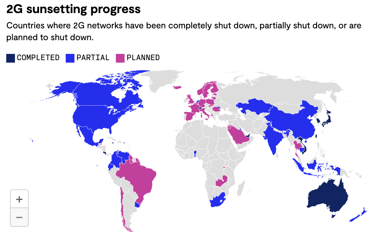 A map showing countries where 2G networks have been completely, partially, or are planned to shut down.