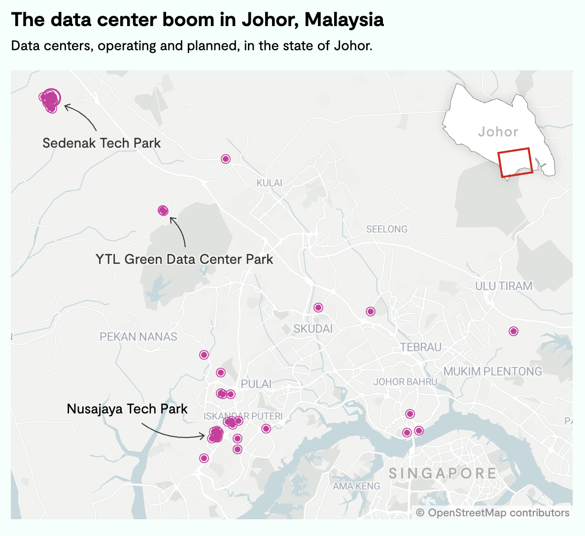 A map of Johor, Malaysia showing where operating and planned data centers are located. There are notable clusters in locations marked "Sedenak Tech Park," "YTL Green Data Center Park," and "Nusajaya Tech Park."