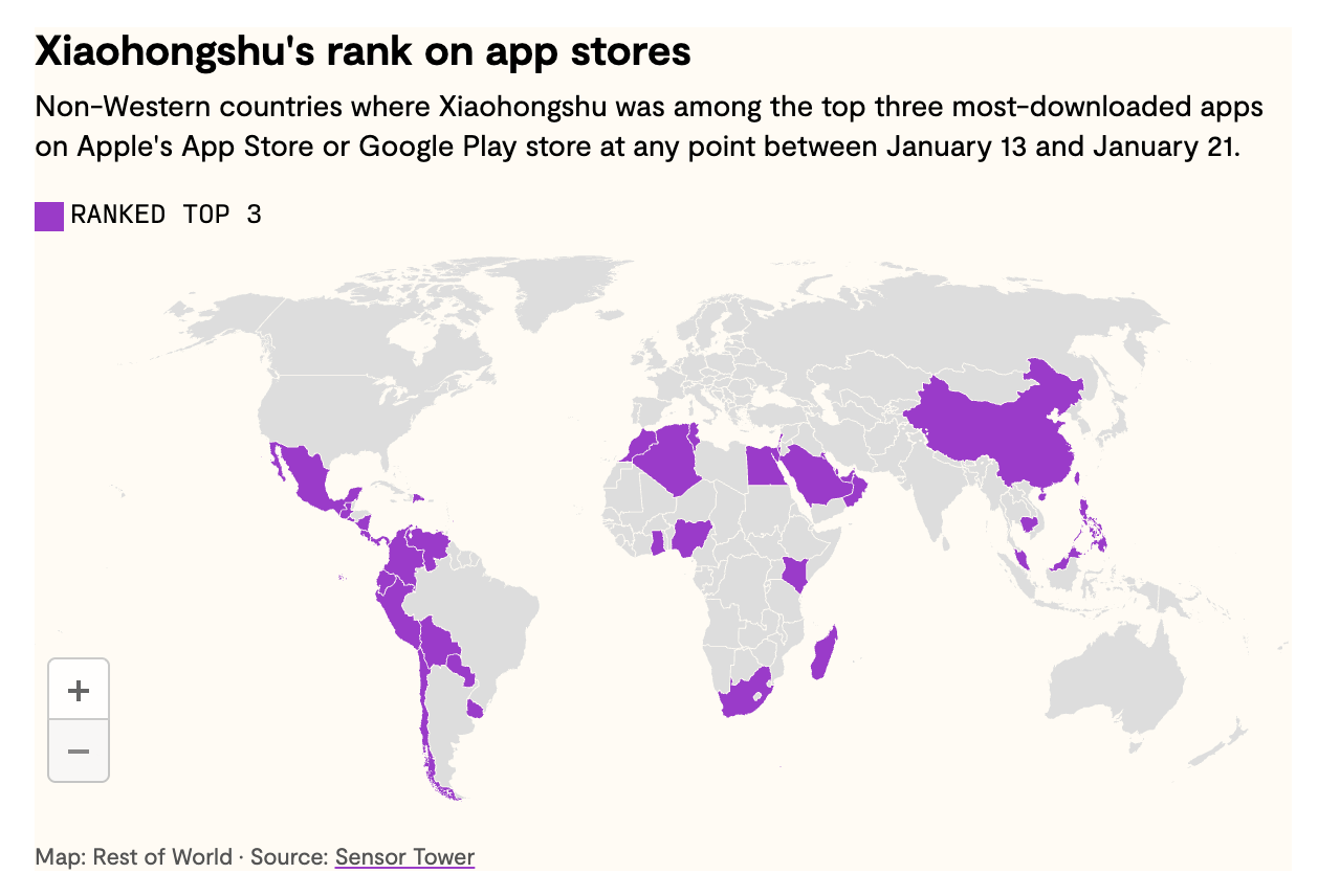 A world map showing the non-Western countries where RedNote ranked in the top three spots on Apple and Google's app stores leading up to the US TikTok ban. Countries include: Mexico, Colombia, South Africa, Nigeria, Saudi Arabia, Malaysia, and more.