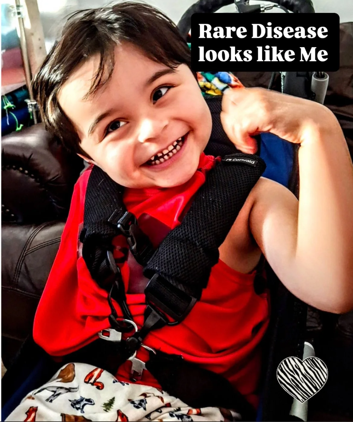 A smiling young boy with dark hair, wearing a red shirt and a black harness, sitting in a wheelchair. There is a black and white striped heart sticker on the bottom right corner of the photo. A black text box in the top right corner says, 'Rare Disease looks like Me'.