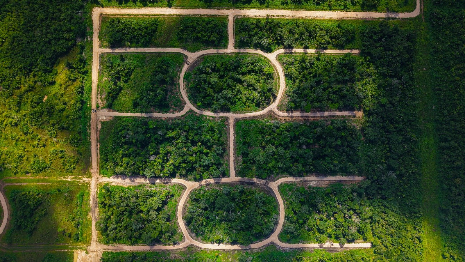 Aerial view of a park with walking paths forming geometric shapes, surrounded by green trees and foliage.