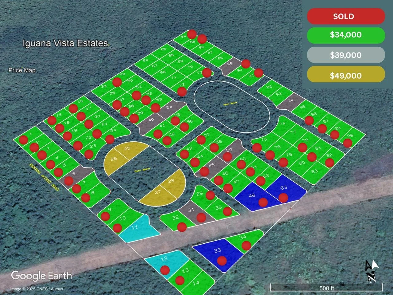 A color-coded map of Iguana Vista Estates showing lots marked as sold in red, priced at $34,000 in green, $39,000 in gray, and $49,000 in yellow. The map is overlaid on a satellite image of the land.