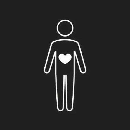 Outline of a human figure with a heart symbol on the chest against a black background.