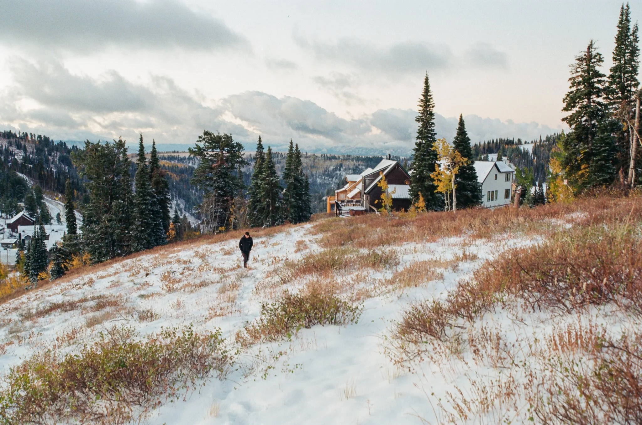 A person walking on a trail through a snowy hillside with houses and tall pine trees in the background, under a cloudy sky.