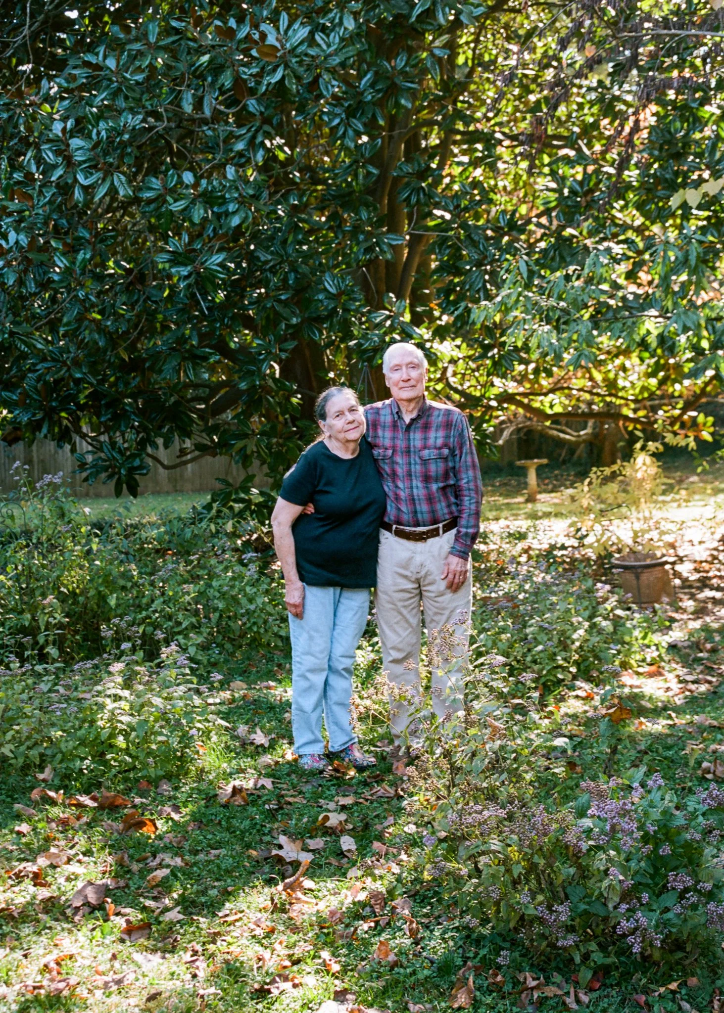 An elderly couple standing together in a garden with lush greenery and blooming plants, sunlight filtering through the trees.