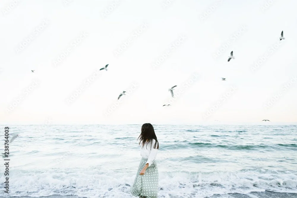 A girl stands on the beach facing the ocean, with seagulls flying overhead in the sky.