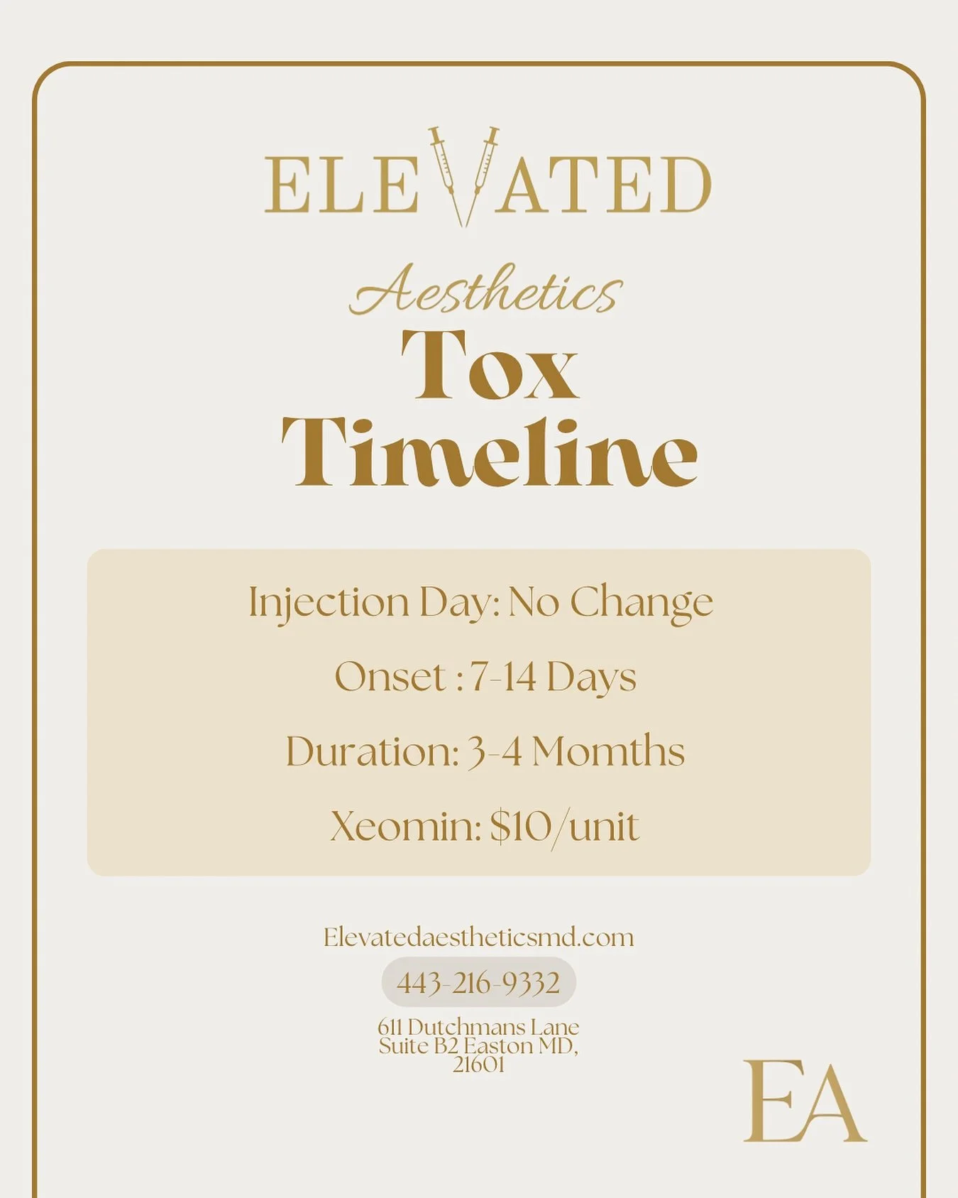 Curious what the Tox Timeline looks like? 

Injection Day: No change &amp; Movement still visible! 

Onset: Neurotoxins take 7-14 days to peak! During this time unevenness is normal as the Tox activates! 

Duration: Neurotoxins last people on average