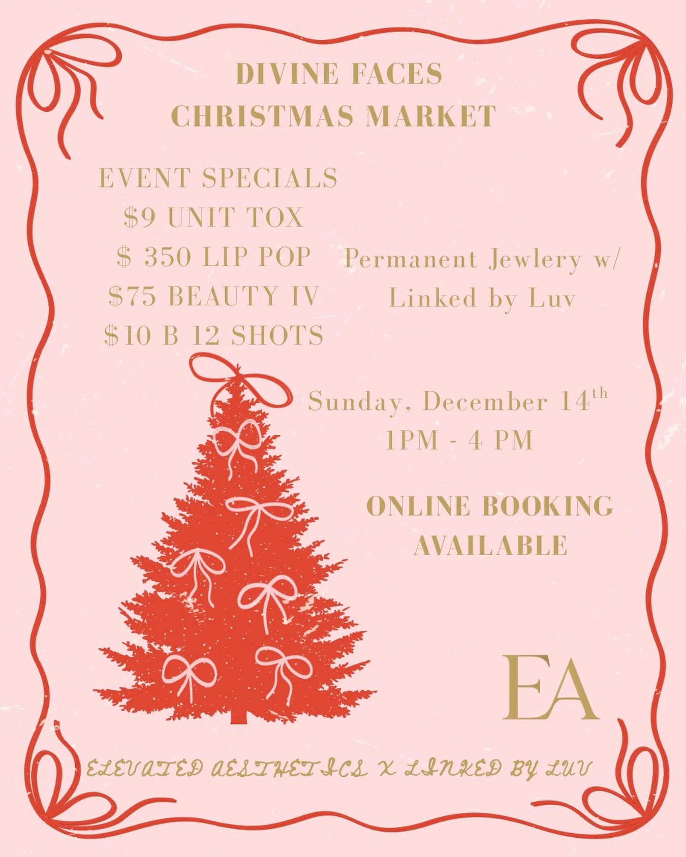 🎄 Divine Faces Christmas Market 🎄

Join us as we kick off the season with a curated lineup of local vendors, exclusive event-only pricing on your favorite aesthetic treatments, and permanent jewelry by Linked by Luv to make your sparkle last all ye