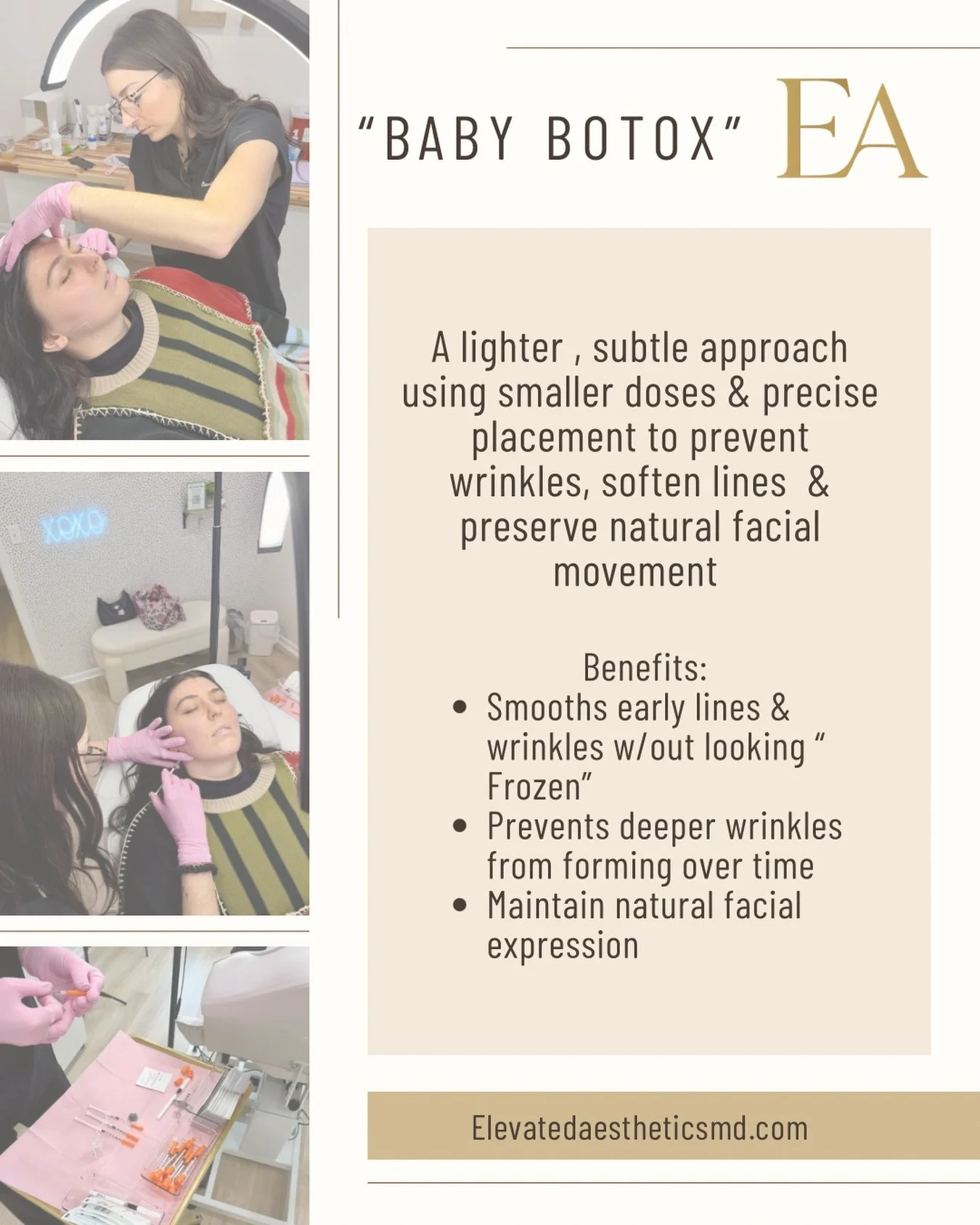 Botox, but make it subtle ✨

Small, strategic doses designed to soften fine lines, prevent deeper wrinkles, and keep your expressions natural &mdash; never frozen. Perfect for first-timers or anyone wanting a refreshed, effortless look.

Less product