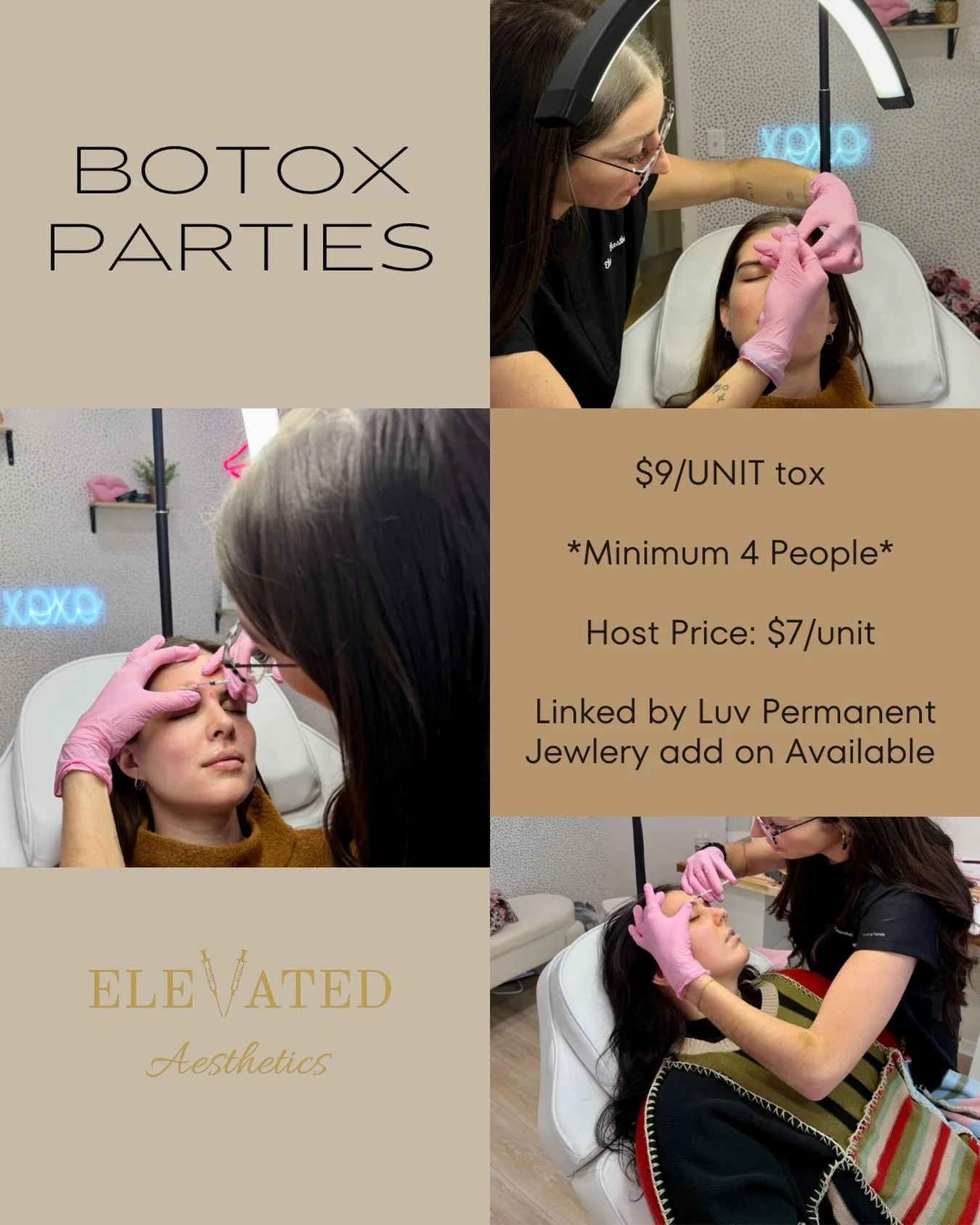 Botox parties are officially a thing 💉🥂

Grab 4+ friends and enjoy $9/unit Botox &mdash; at your place or at the Elevated office.

✨ Host perks? You get $7/unit.

Glow together, save together. DM to book or email hannah@elevatedaestheticsmd.com for