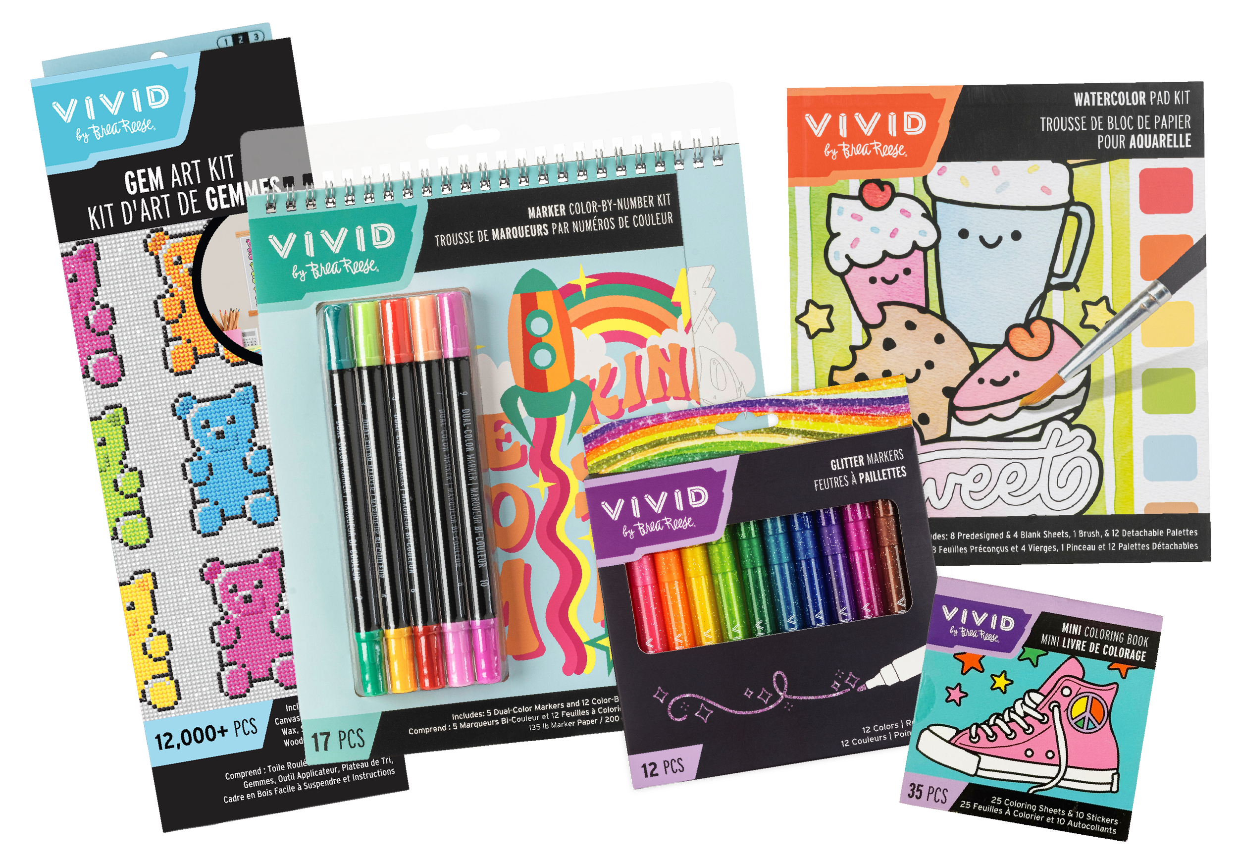 Collection of colorful Vivid by Brea Reese art supplies, including sticker sheets with teddy bear designs, a pack of dual-color markers, a glitter marker set, a coloring book with cute desserts, and a mini coloring book with a sneaker illustration.