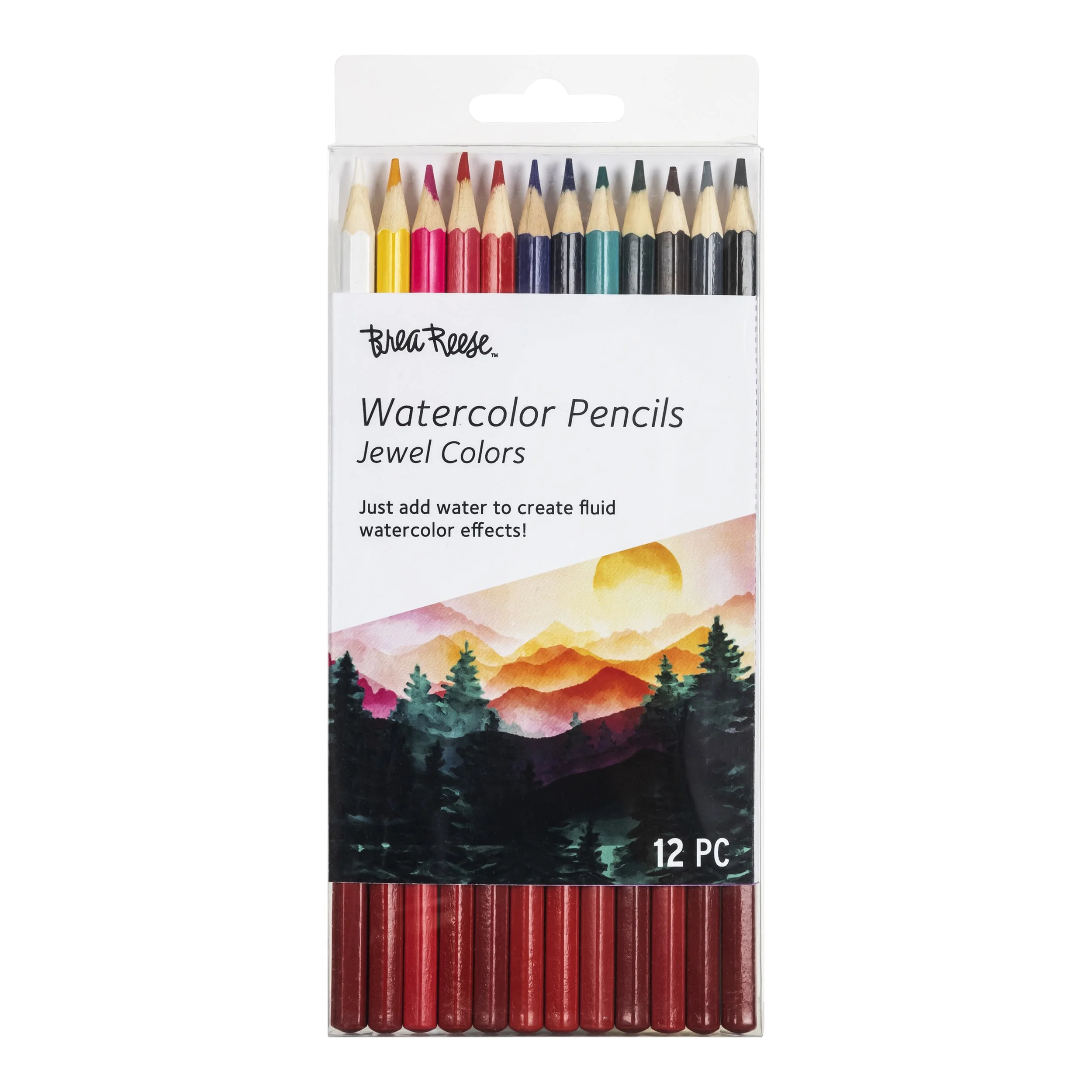 A set of 12 watercolor pencils in jewel colors with colored ends, in clear plastic packaging, featuring a landscape watercolor painting on the front.