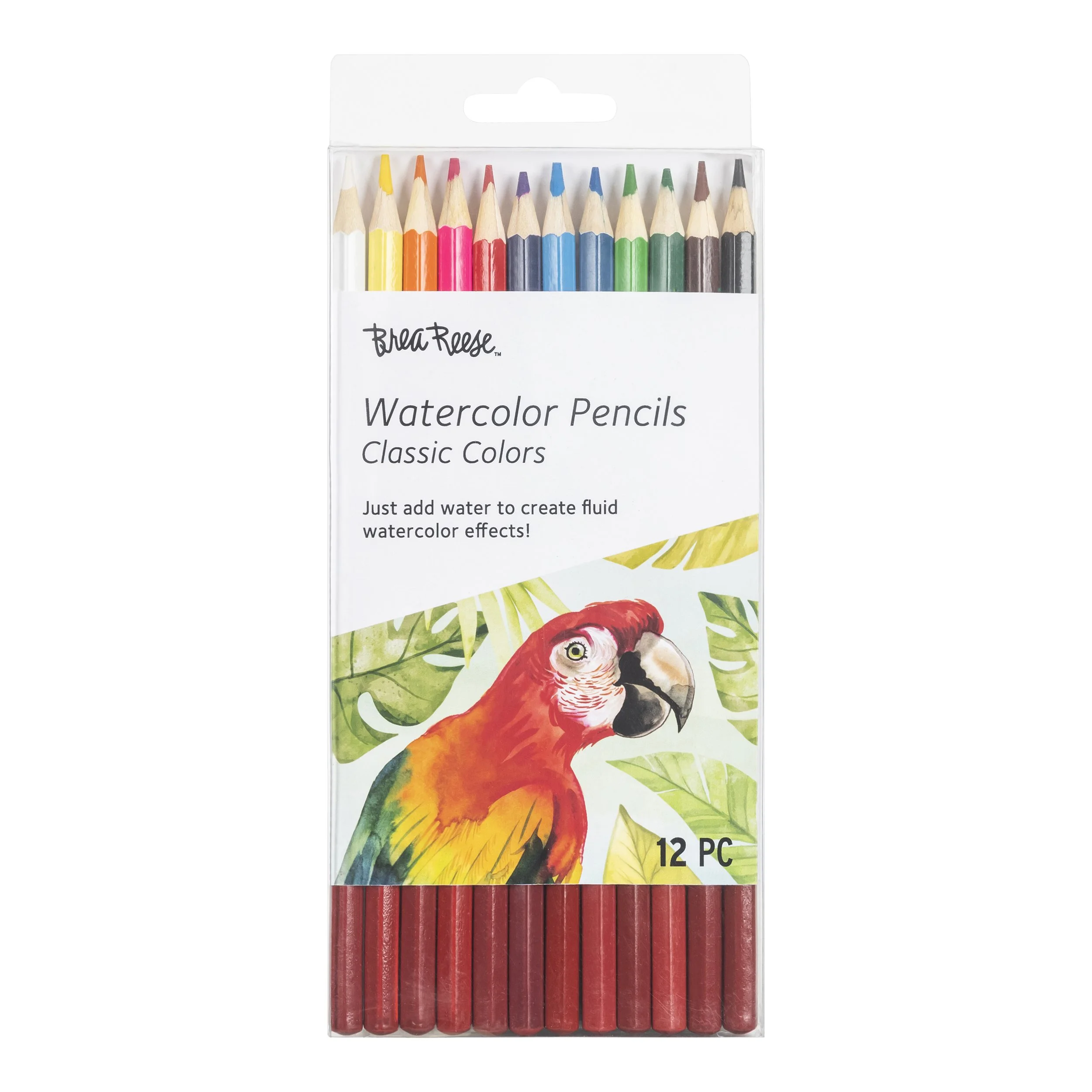 Set of 12 watercolor pencils in various colors in clear plastic packaging with a parrot illustration on the front.