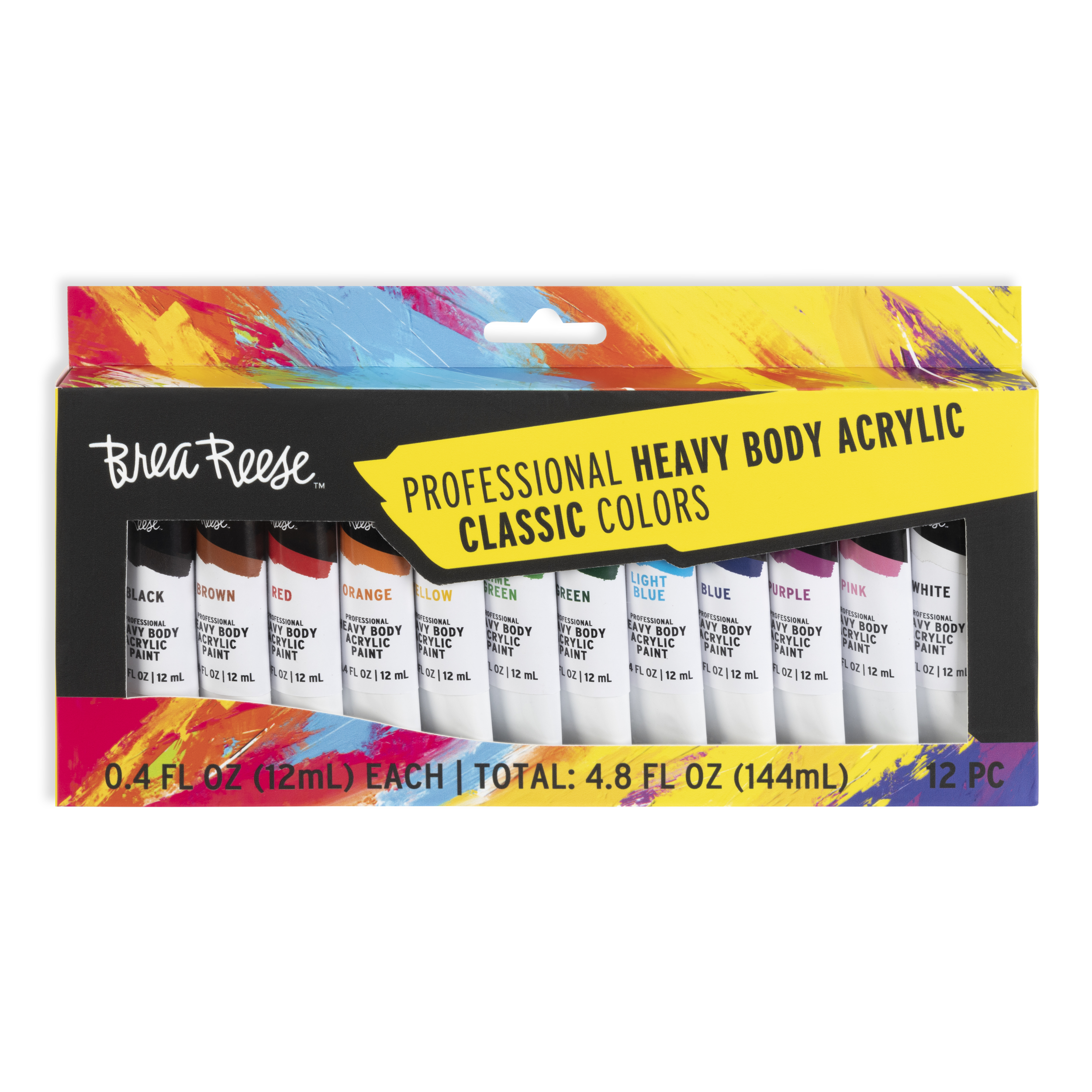 A set of 12 professional heavy body acrylic paints in various classic colors, including black, brown, red, orange, yellow, green, light blue, blue, purple, pink, and white, in a colorful packaging box.
