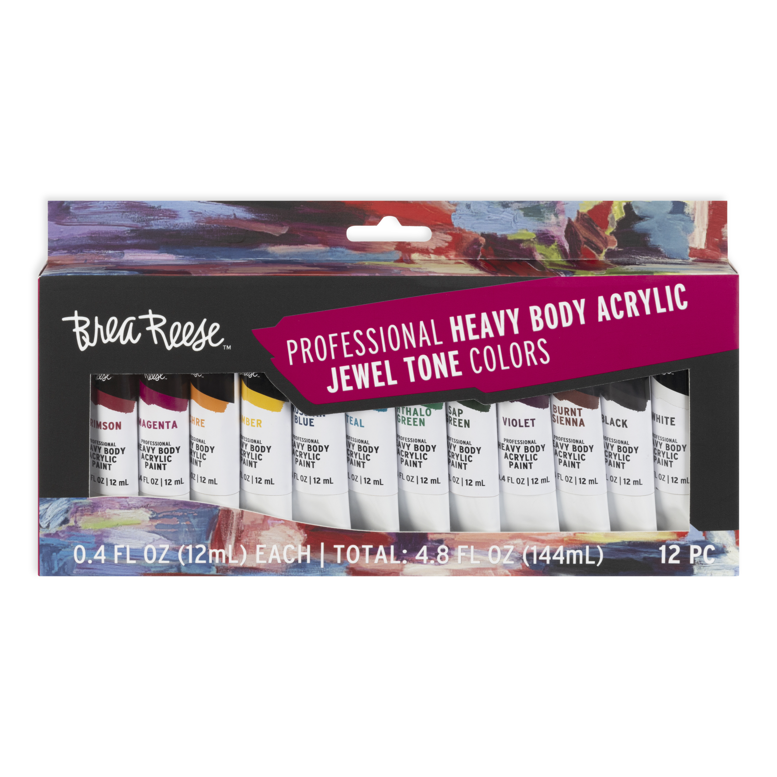 Set of 12 heavy body acrylic jewel tone colors in tubes, including crimson, magenta, ochre, amber, yellow, blue, teal, emerald, sap green, violet, burnt sienna, black, and white, by Brea Reese.