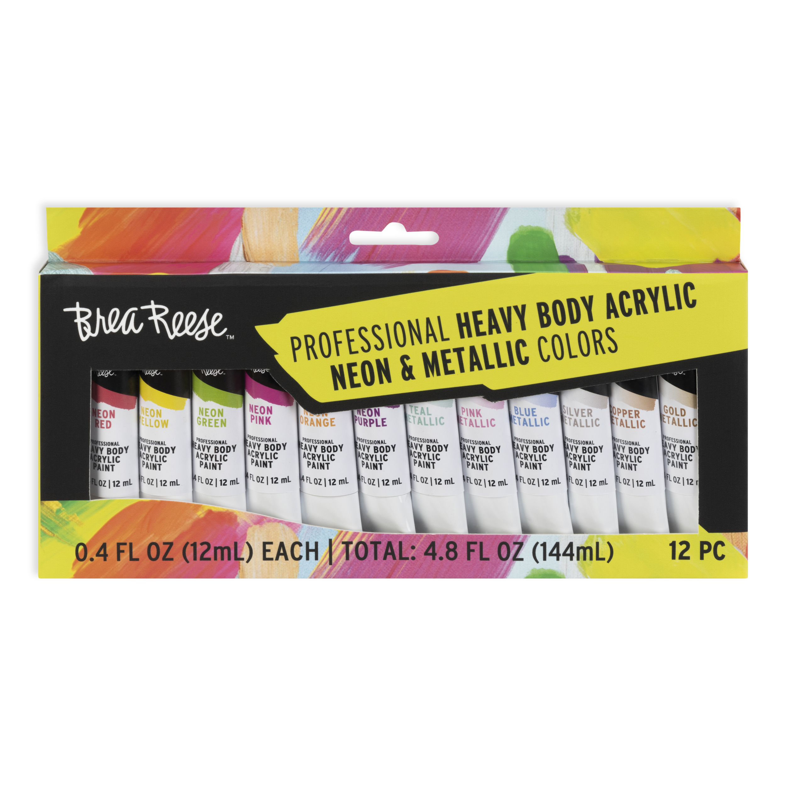 Set of 12 heavy body acrylic paints in neon and metallic colors, including red, yellow, green, orange, purple, teal, pink, blue, silver, copper, and gold, in tubes inside a colorful box.