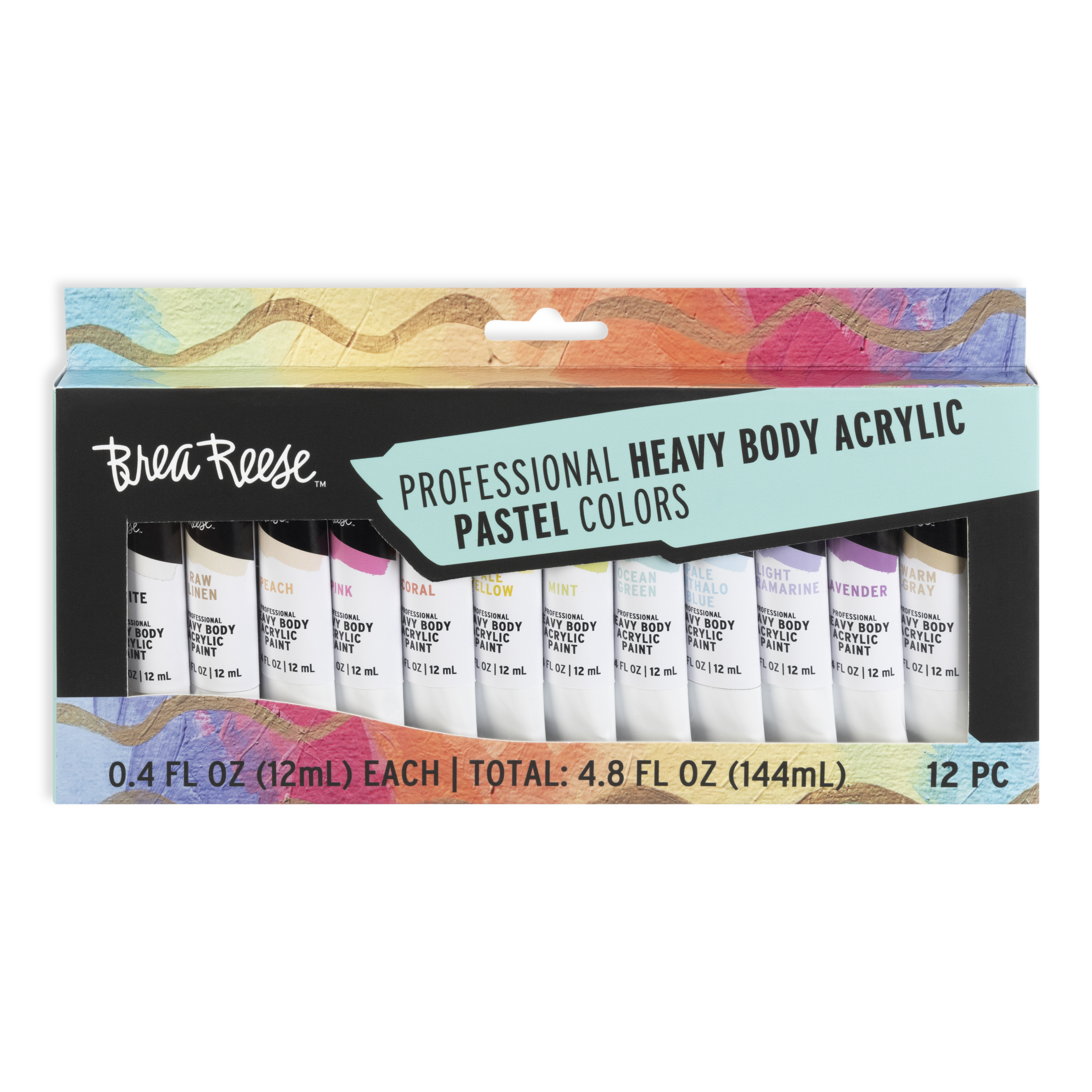Set of 12 pastel-colored heavy body acrylic paints in mini tubes, labeled with product and color information, displayed in a colorful box.