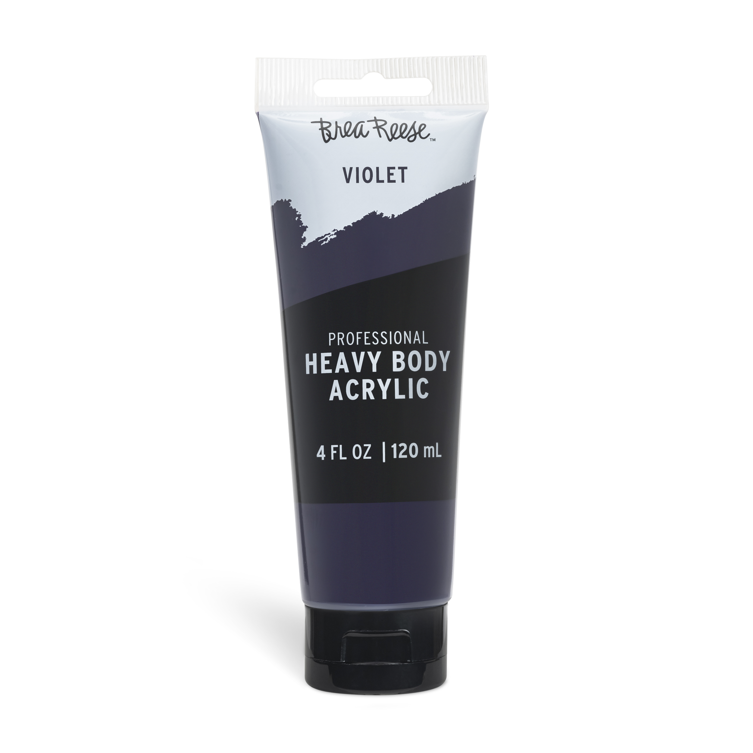 A tube of BreeReese Violet heavy body acrylic paint, 4 fluid ounces, in black, purple, and white packaging with a minimalistic design.