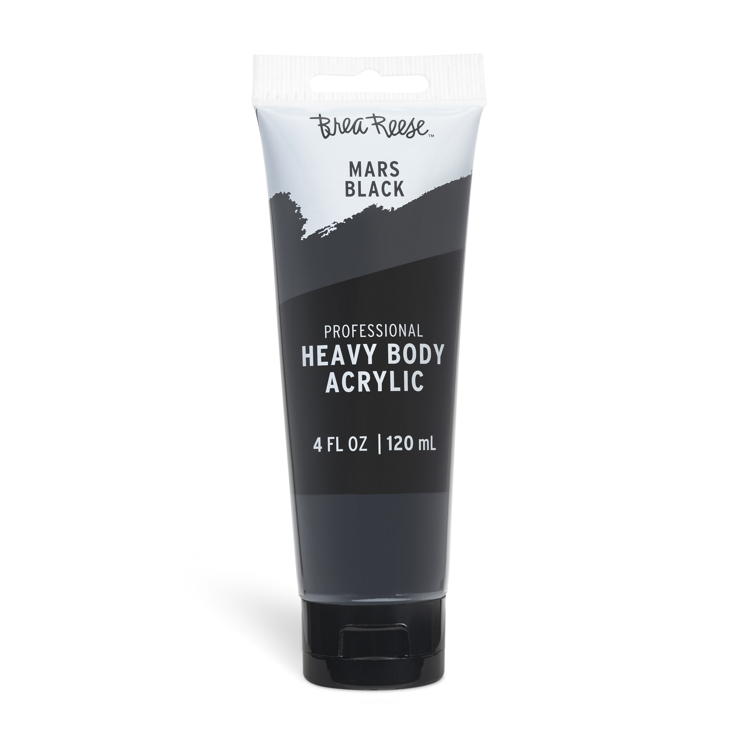 A tube of Tara Reese Mars Black professional heavy body acrylic paint, black in color, with the cap at the bottom, containing 4 fluid ounces or 120 milliliters.