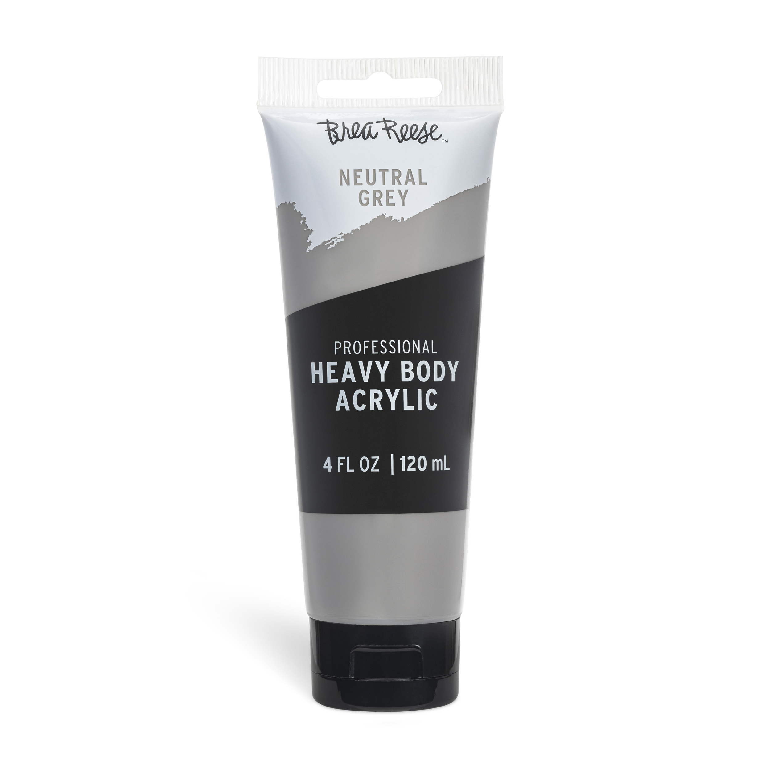 A tube of Brea Reese professional heavy body acrylic paint in neutral grey color, 4 fluid ounces (120 milliliters).