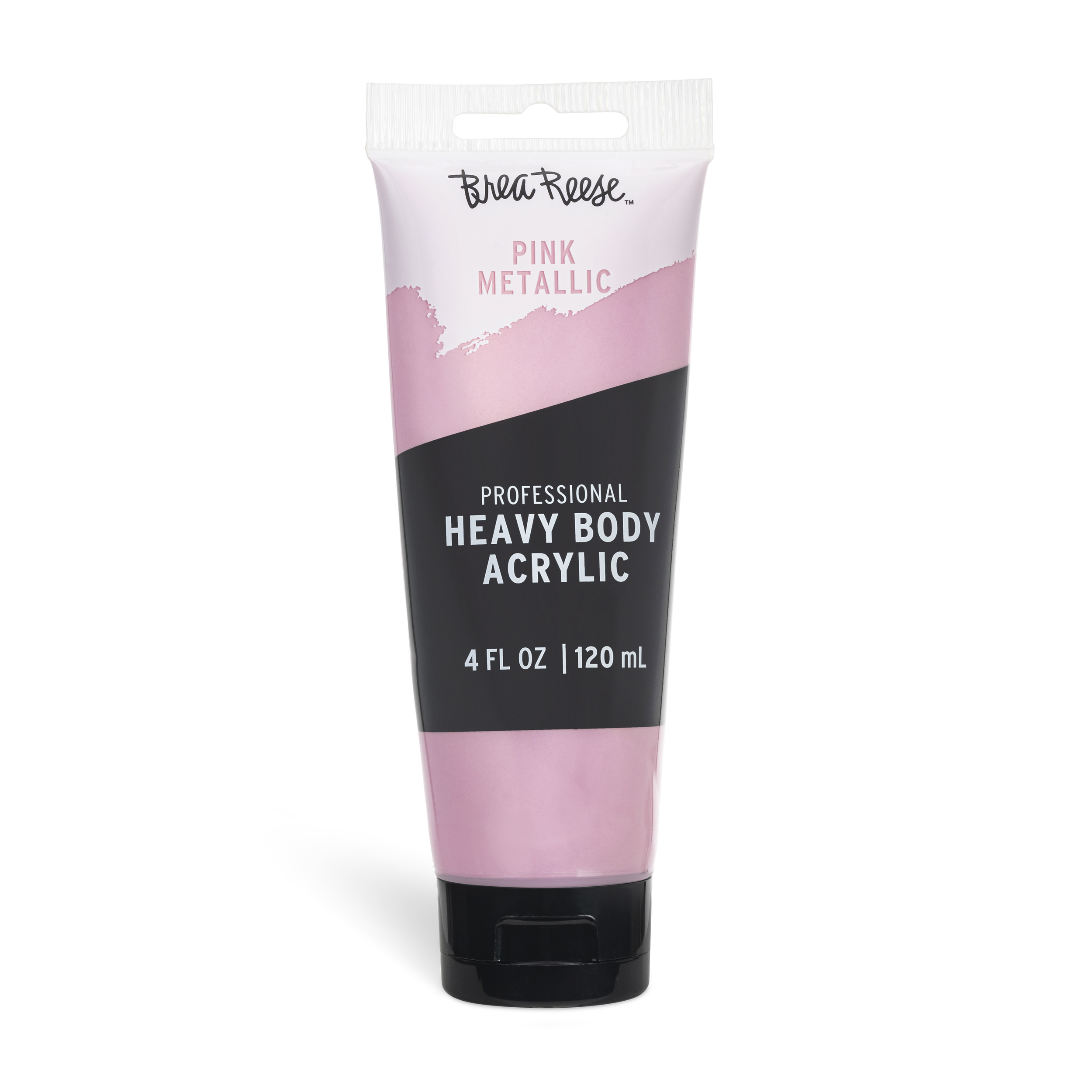 A tube of Brea Reese professional heavy body acrylic paint in pink metallic color.