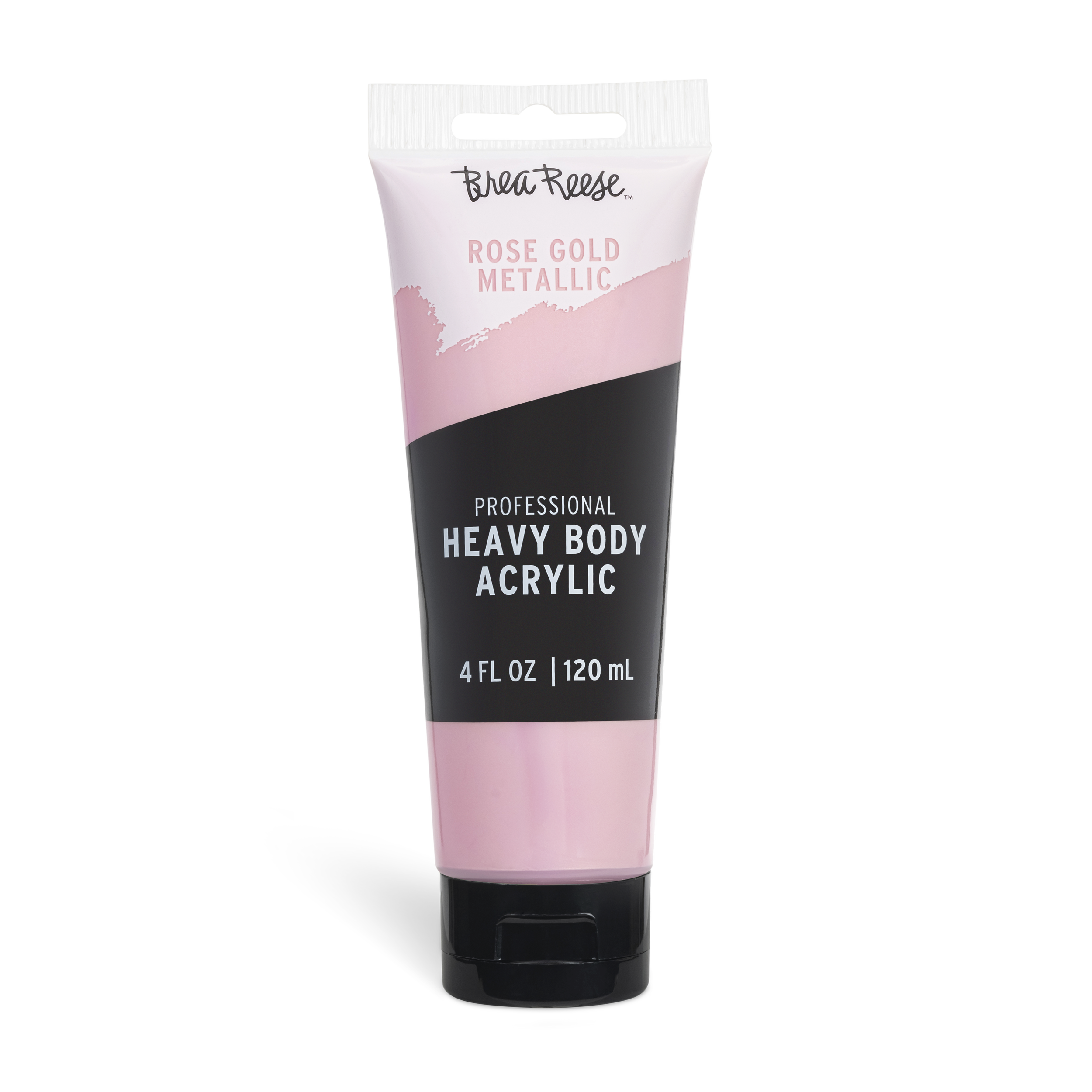 A tube of Creme Reese Rose Gold Metallic heavy body acrylic paint, 4 fluid ounces (120 mL), with pink, black, and white packaging design.