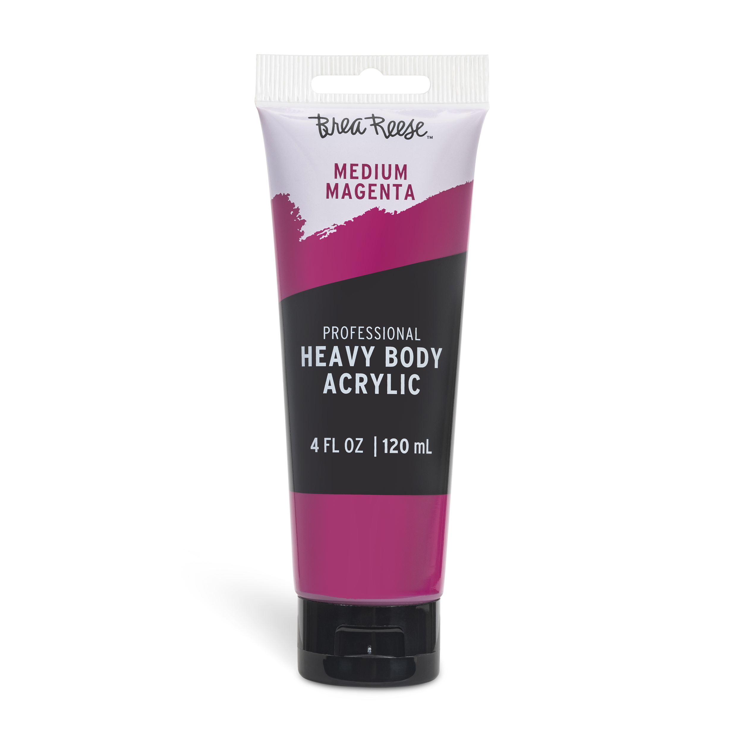 A tube of Brea Reese professional heavy body acrylic paint in medium magenta color, 4 fl oz (120 ml) size.