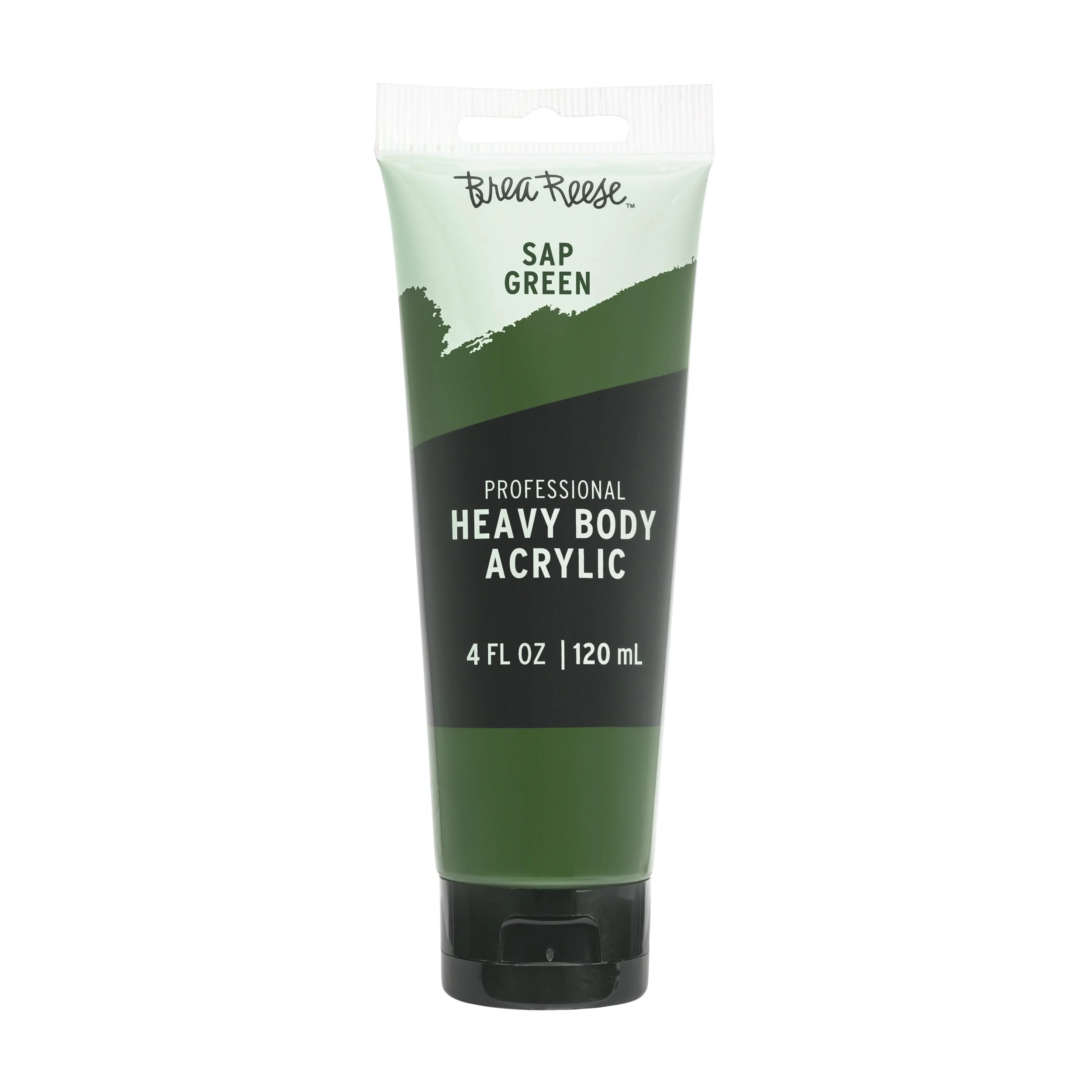 A tube of BreaReese Heavy Body Acrylic Paint in Sap Green color, with a black cap and green and black label.