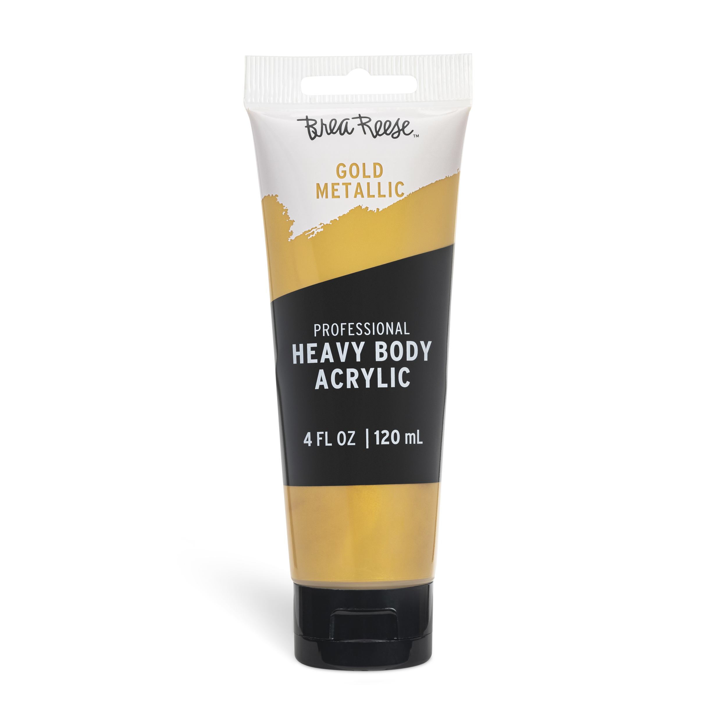 Tube of Bead Reese Gold Metallic professional heavy body acrylic paint, 4 fluid ounces, black cap.