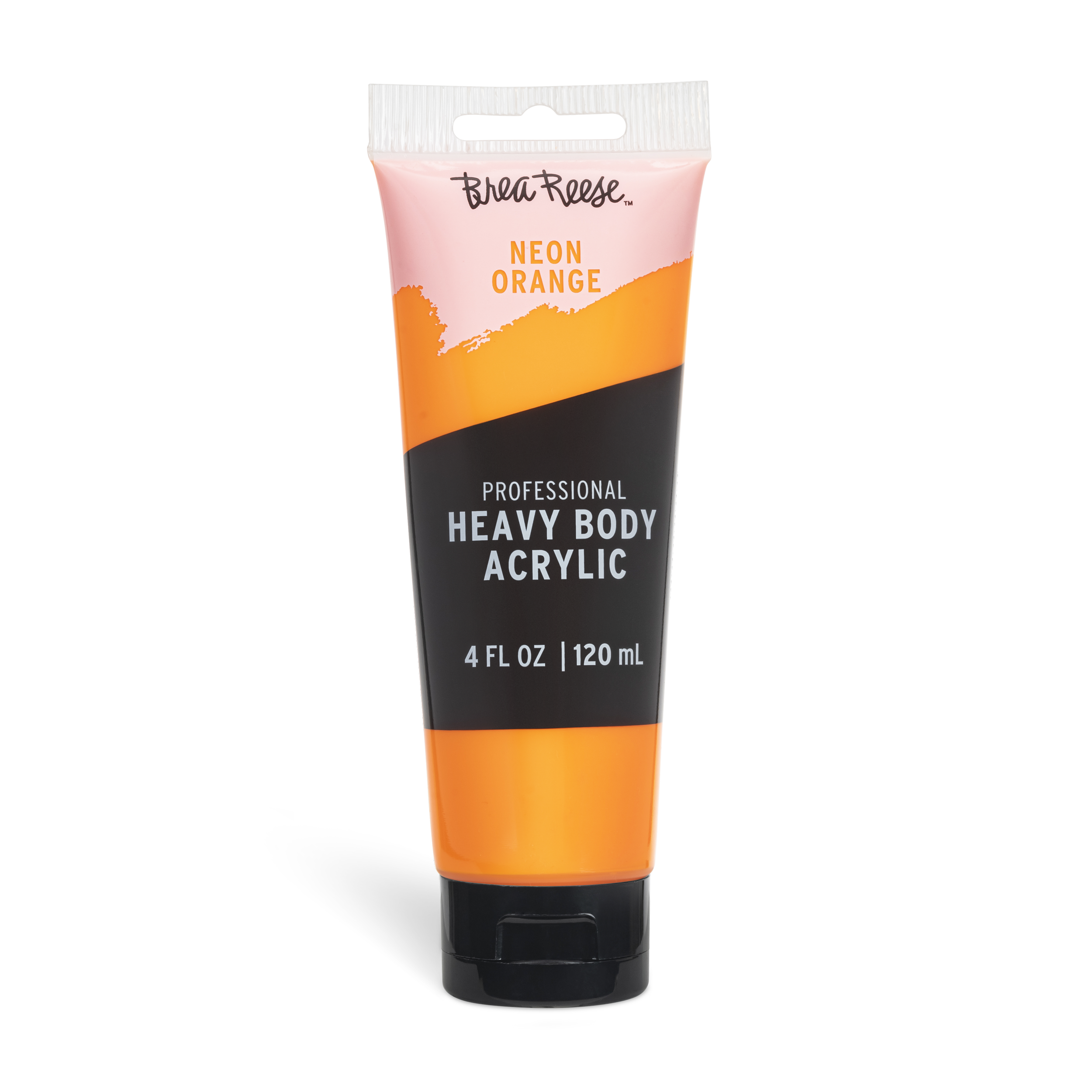 Tube of BraReese Neon Orange professional heavy body acrylic paint, 4 oz, with a black cap.