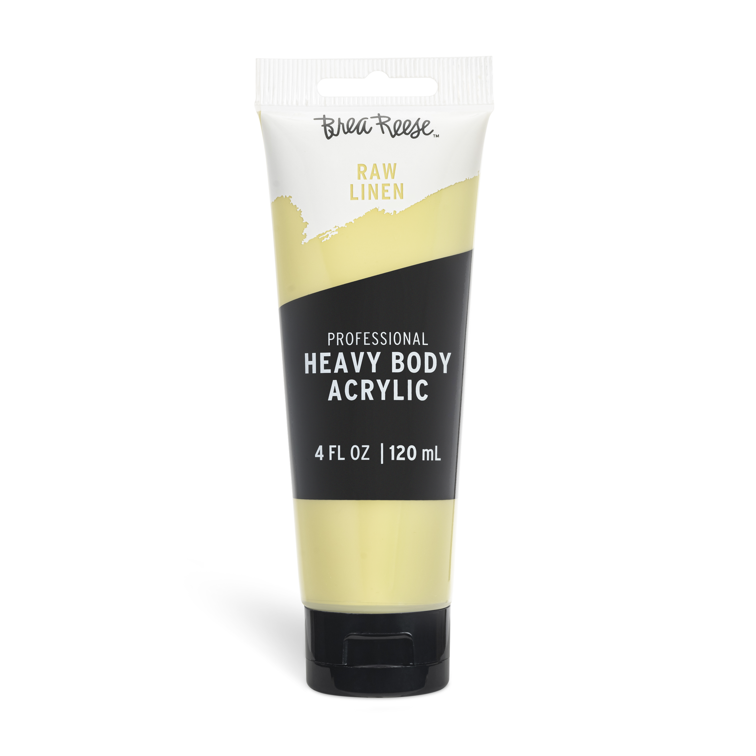 A tube of Bree Reese Raw Linen professional heavy body acrylic paint with a black, white, and yellow label.
