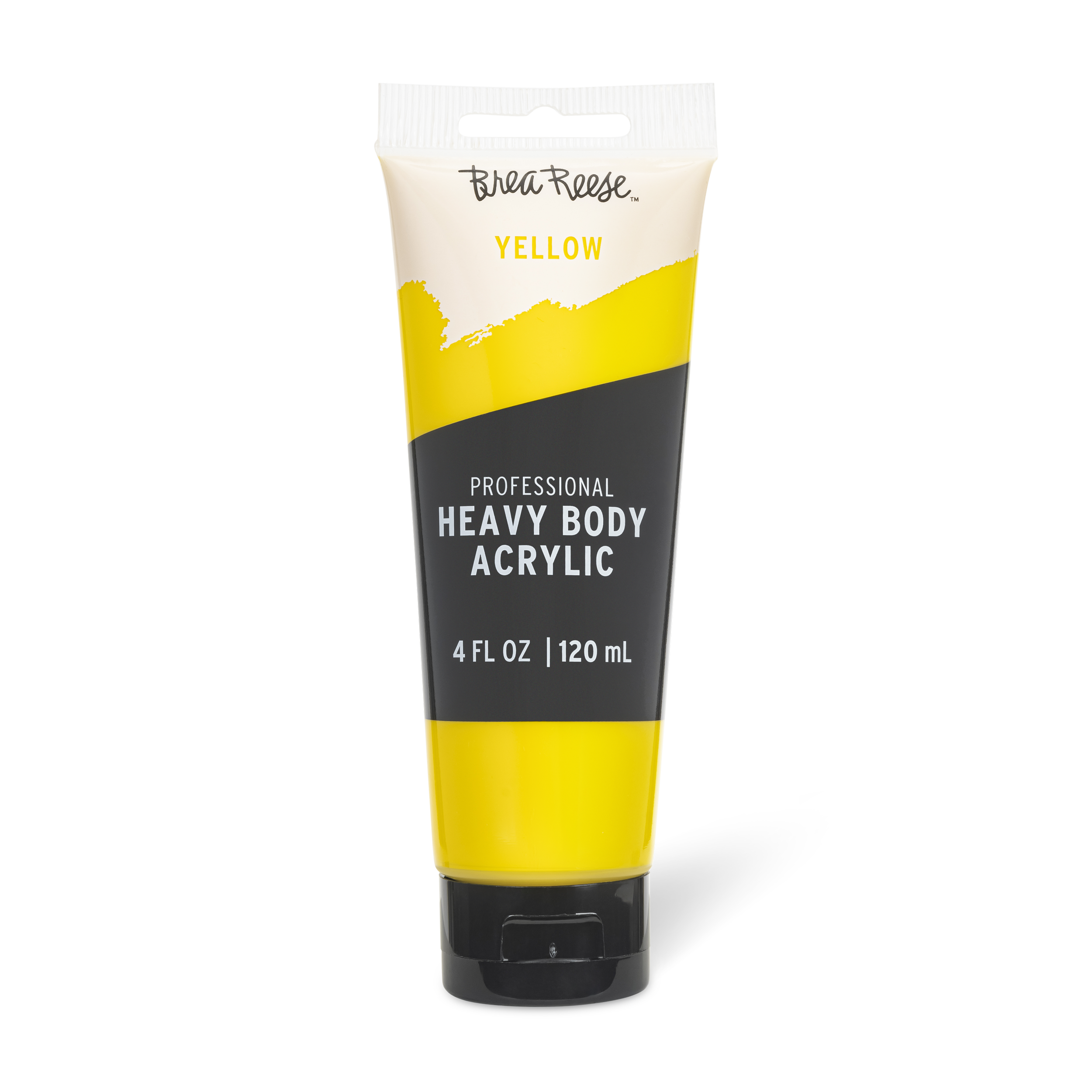 Yellow and black tube of heavy body acrylic paint with branding 'Brea Reese' and label indicating 'Yellow' color, 4 fluid ounces, professional grade.