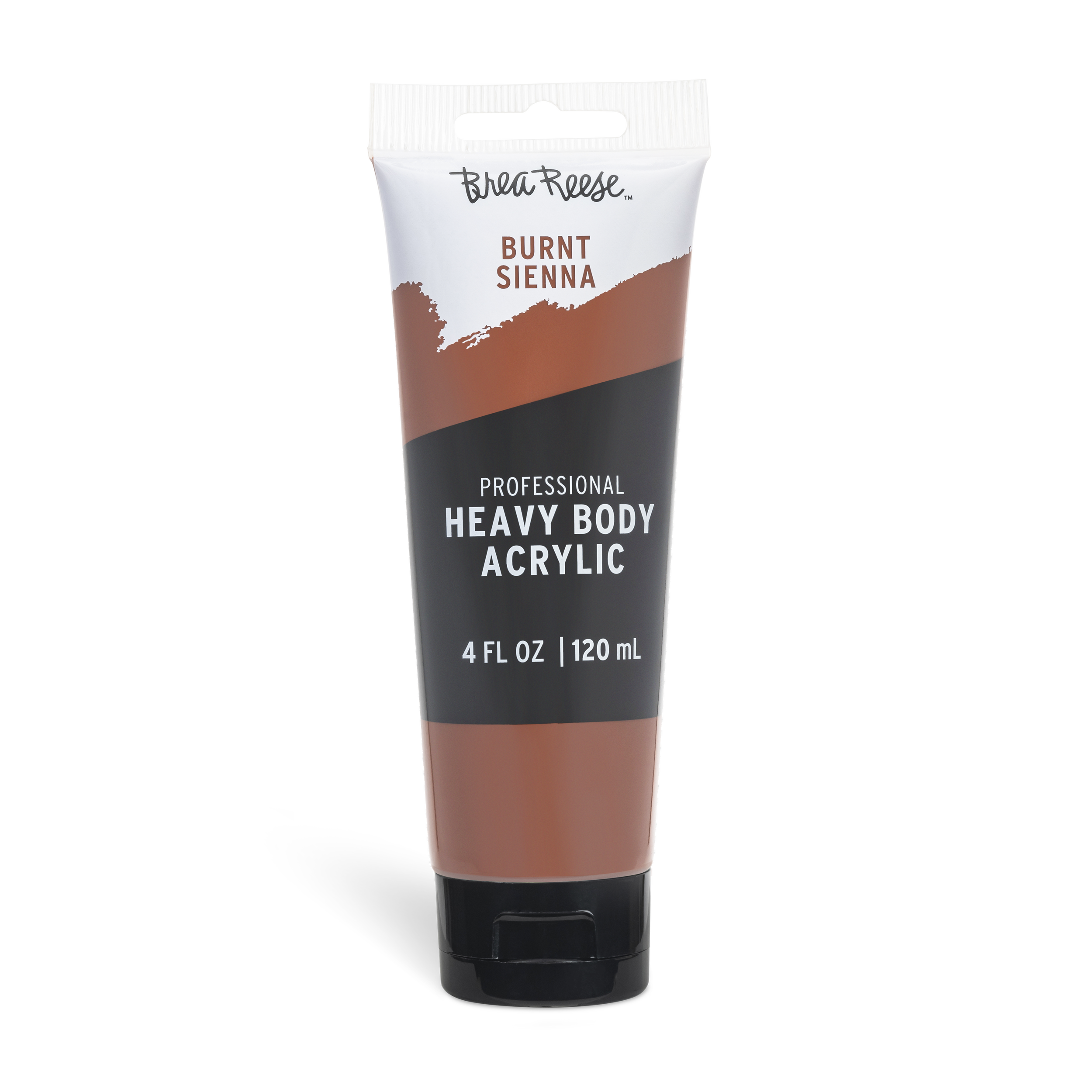 A tube of Brea Reese Burnt Sienna heavy body acrylic paint with black, white, and brown color blocks and bold white text on the label.