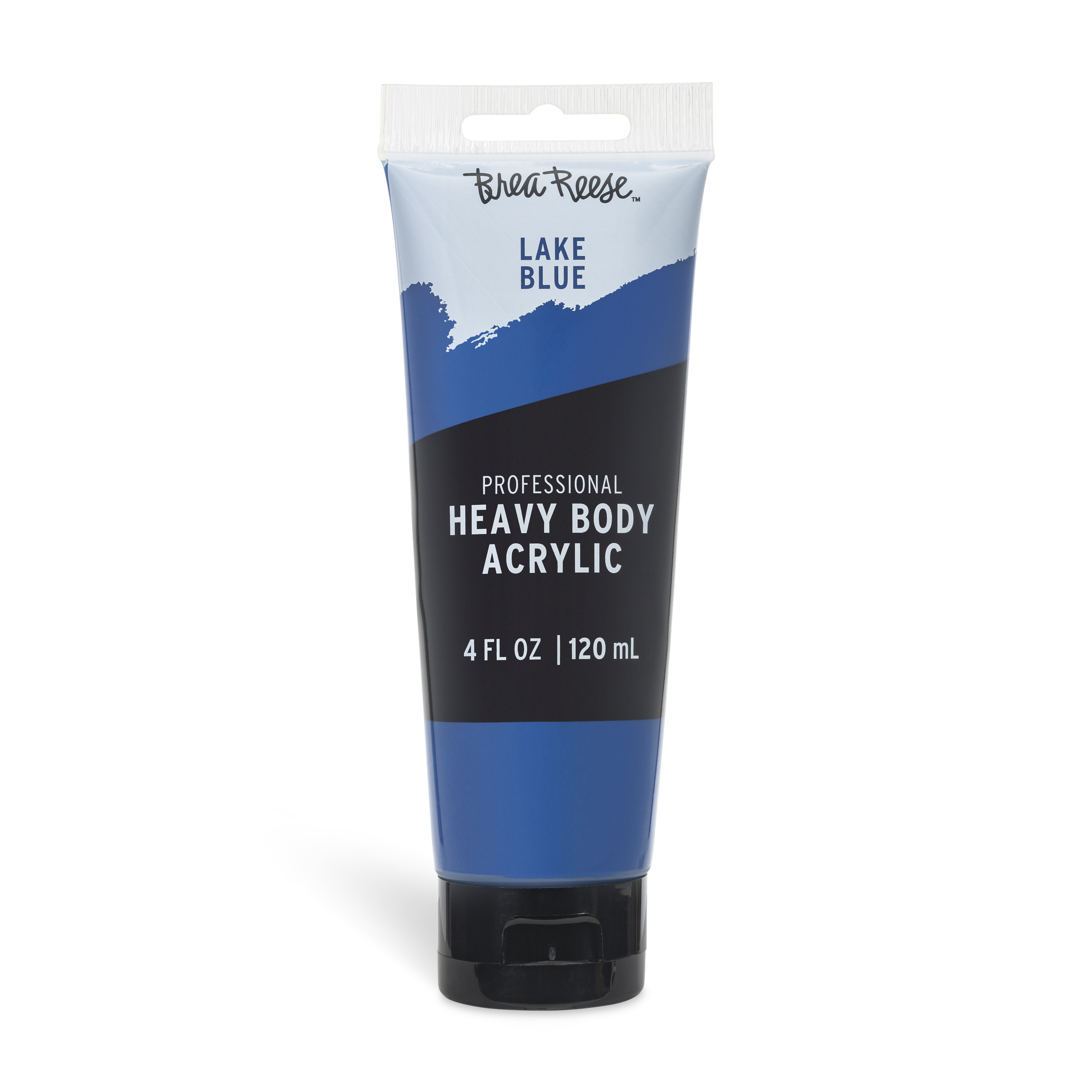 Tube of professional heavy body acrylic paint in Lake Blue color, 4 fluid ounces or 120 milliliters.