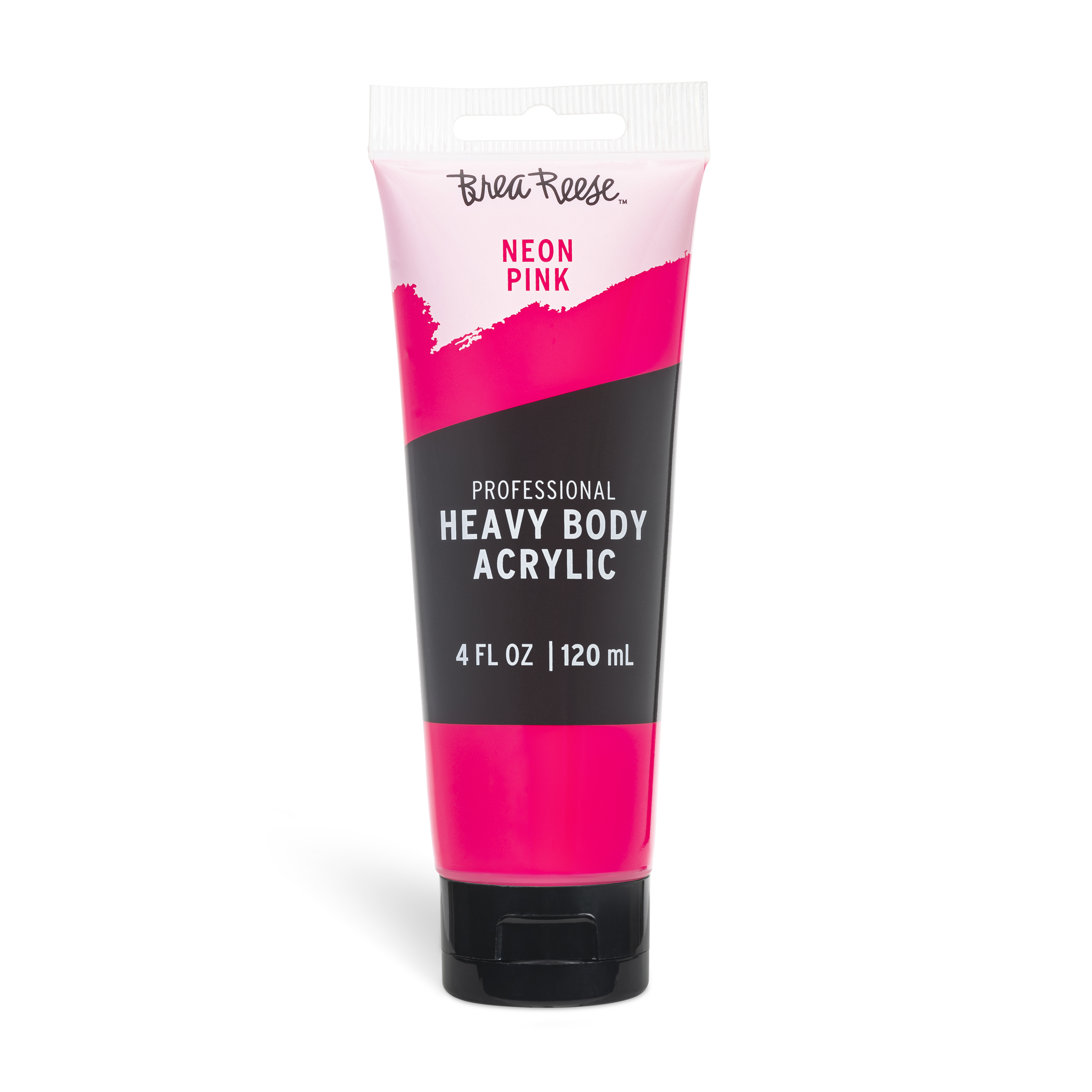 A tube of BrearReese professional heavy body acrylic paint in neon pink, 4 fluid ounces (120 mL).