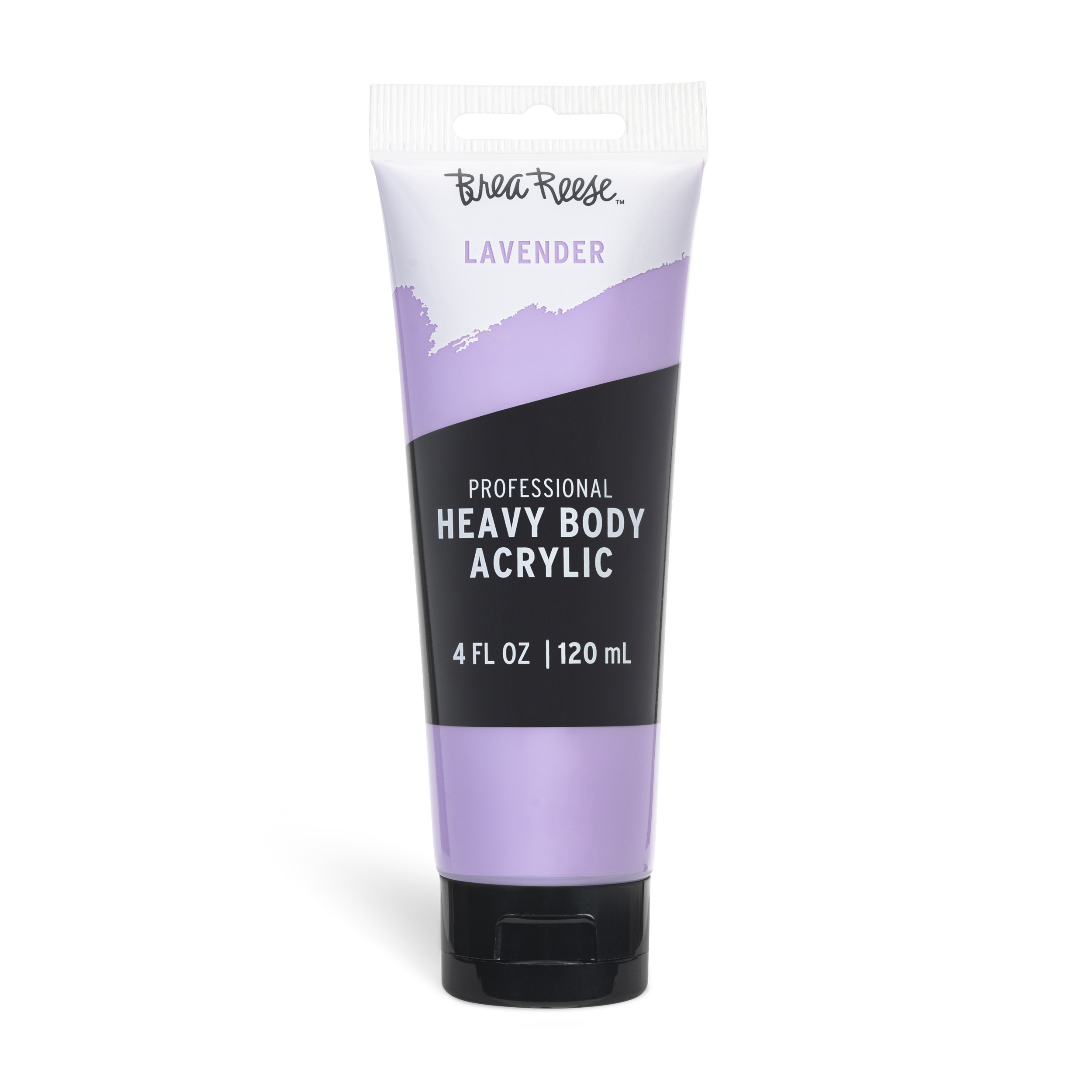 A tube of BreaReese lavender heavy body acrylic paint, 4 fluid ounces or 120 milliliters, with a black and purple packaging design.