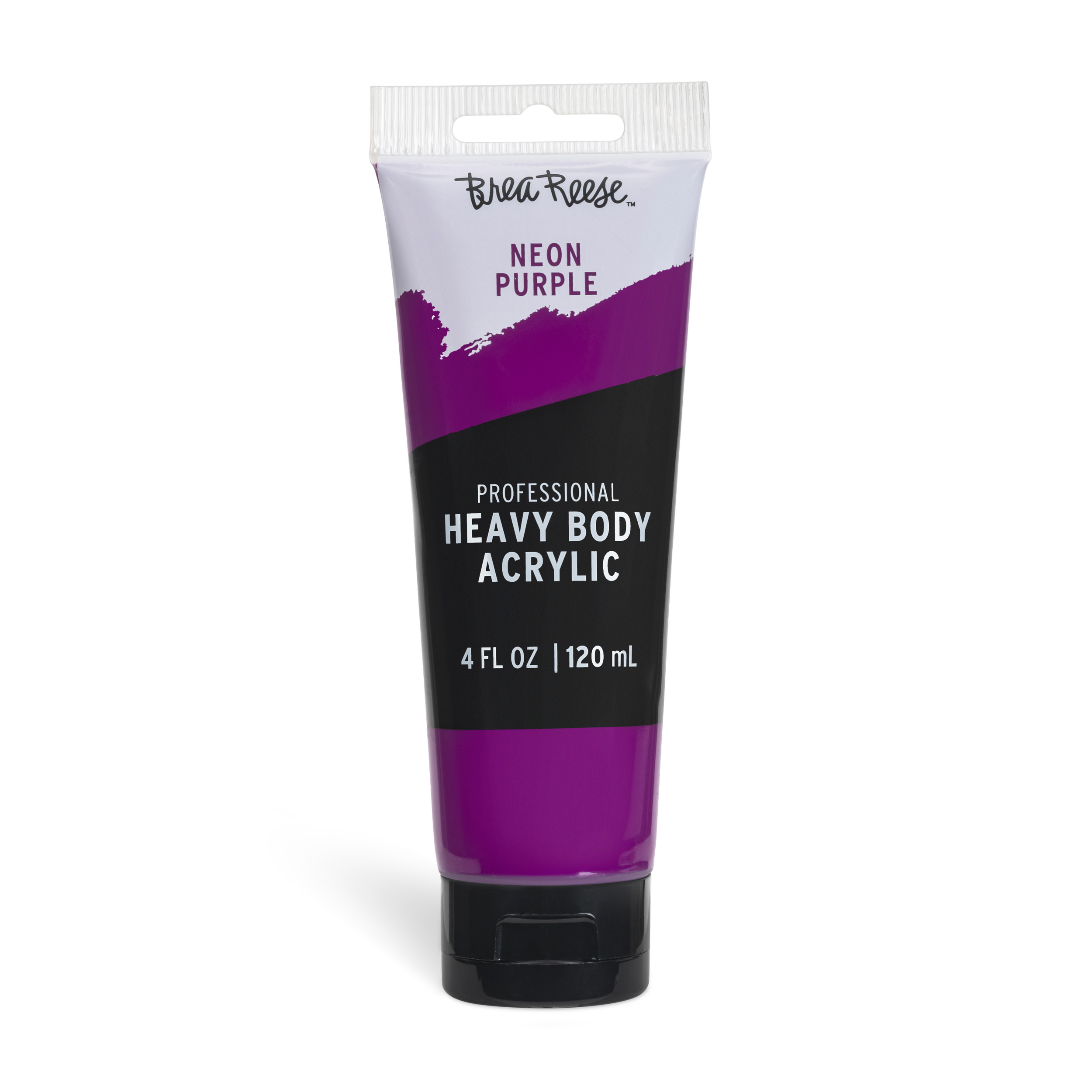 A tube of BreacReese neon purple professional heavy body acrylic paint, 4 fluid ounces (120 mL).