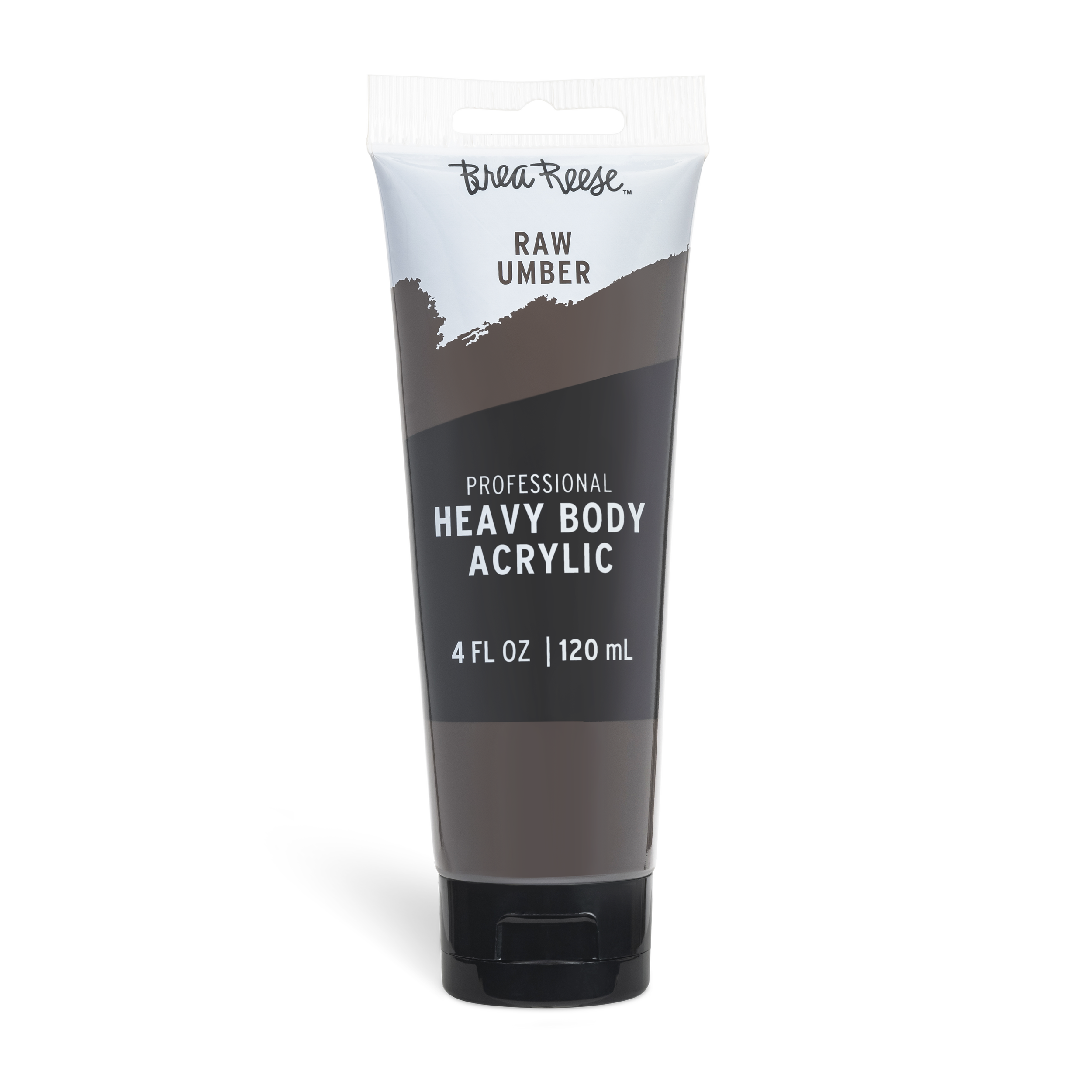 A tube of Brea Reese brand professional heavy body acrylic paint in raw umber color, with a black cap, standing upright against a plain background.