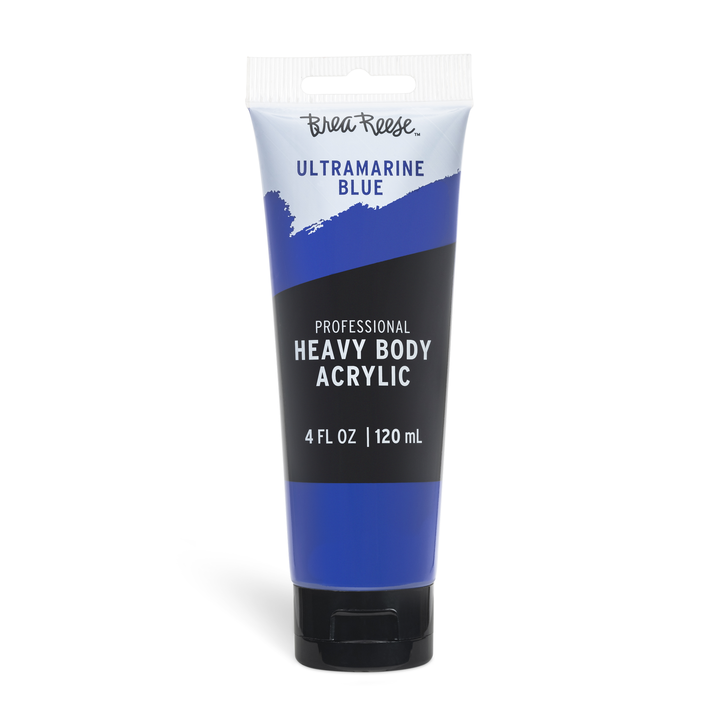 Tube of BreaReese UltraMarine Blue professional heavy body acrylic paint, with a black cap and blue, white, and black packaging, indicating 4 fluid ounces or 120 milliliters.