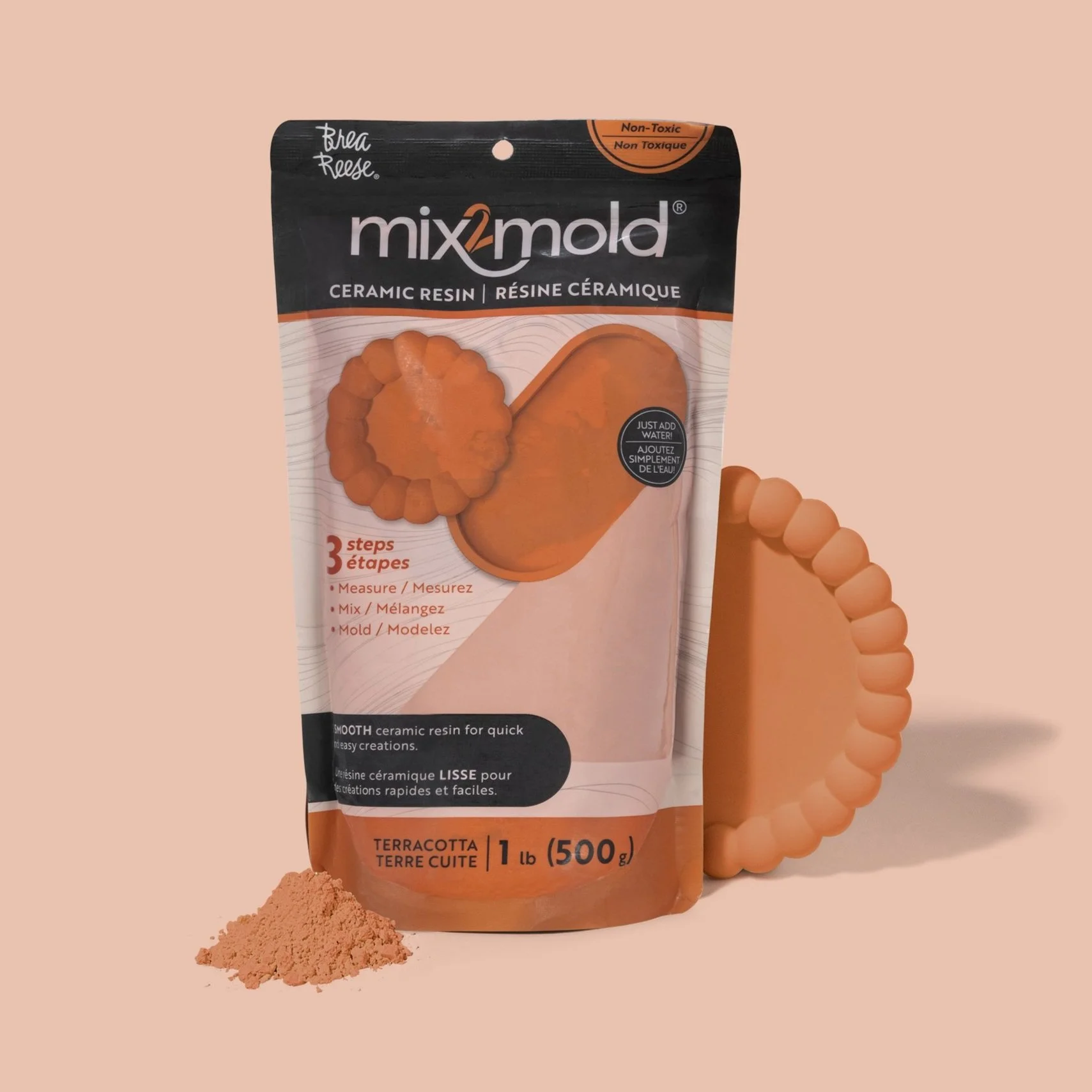 A package of mix2mold ceramic resin in terracotta color, with a small pile of terracotta-colored powder in front of it and a clay mold in the shape of a beaded bracelet behind it. The package indicates it is easy to use, non-toxic, and only requires water to mix.
