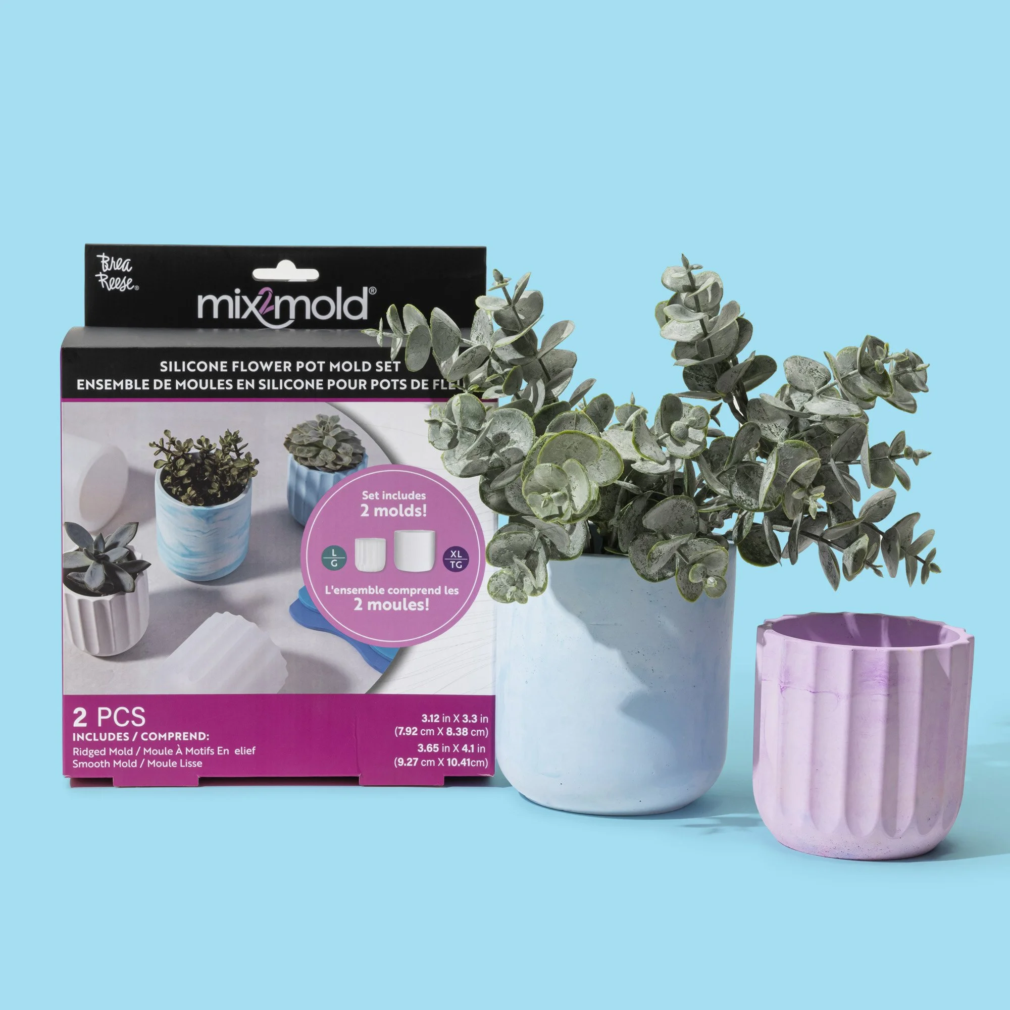 Package of two silicone flower pot molds next to two decorated flower pots with succulents, one in a light blue pot and one in a pink pot, on a light blue background.