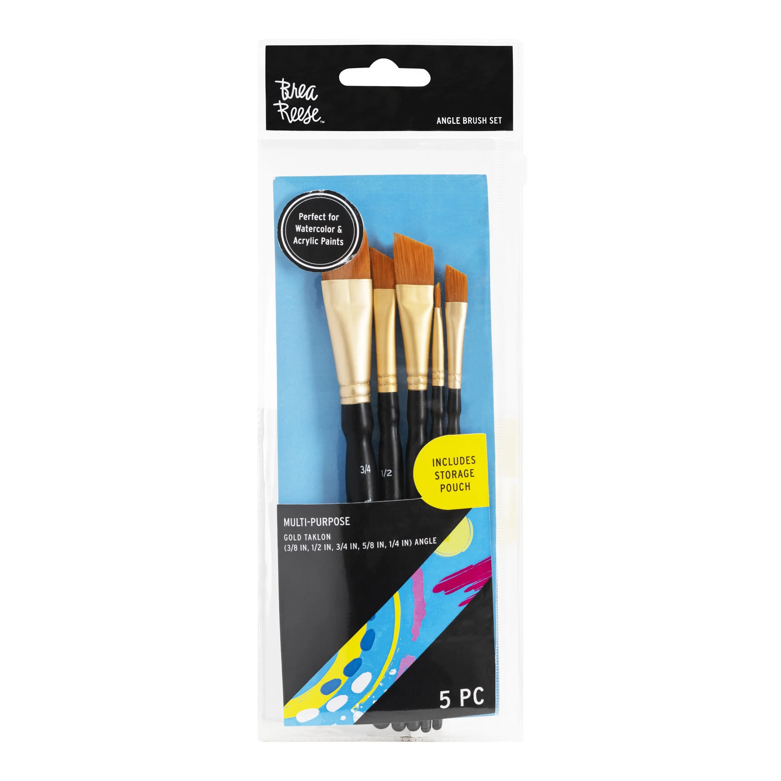 Set of five angle brushes with black handles, gold metal ferrules, and brown bristles in clear plastic packaging with black, blue, yellow, pink, and white design, labeled for watercolor and acrylic paints, includes storage pouch.