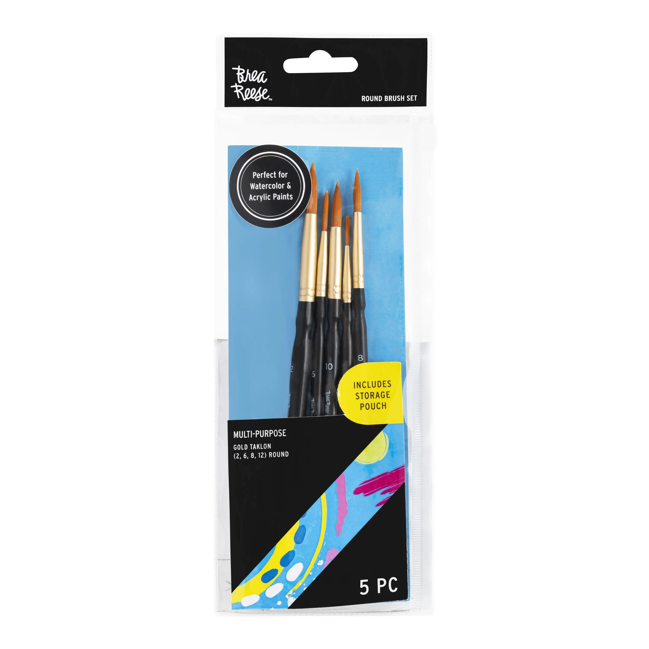 Set of five round paintbrushes with gold and black handles, designed for watercolor and acrylic painting, including a storage pouch.