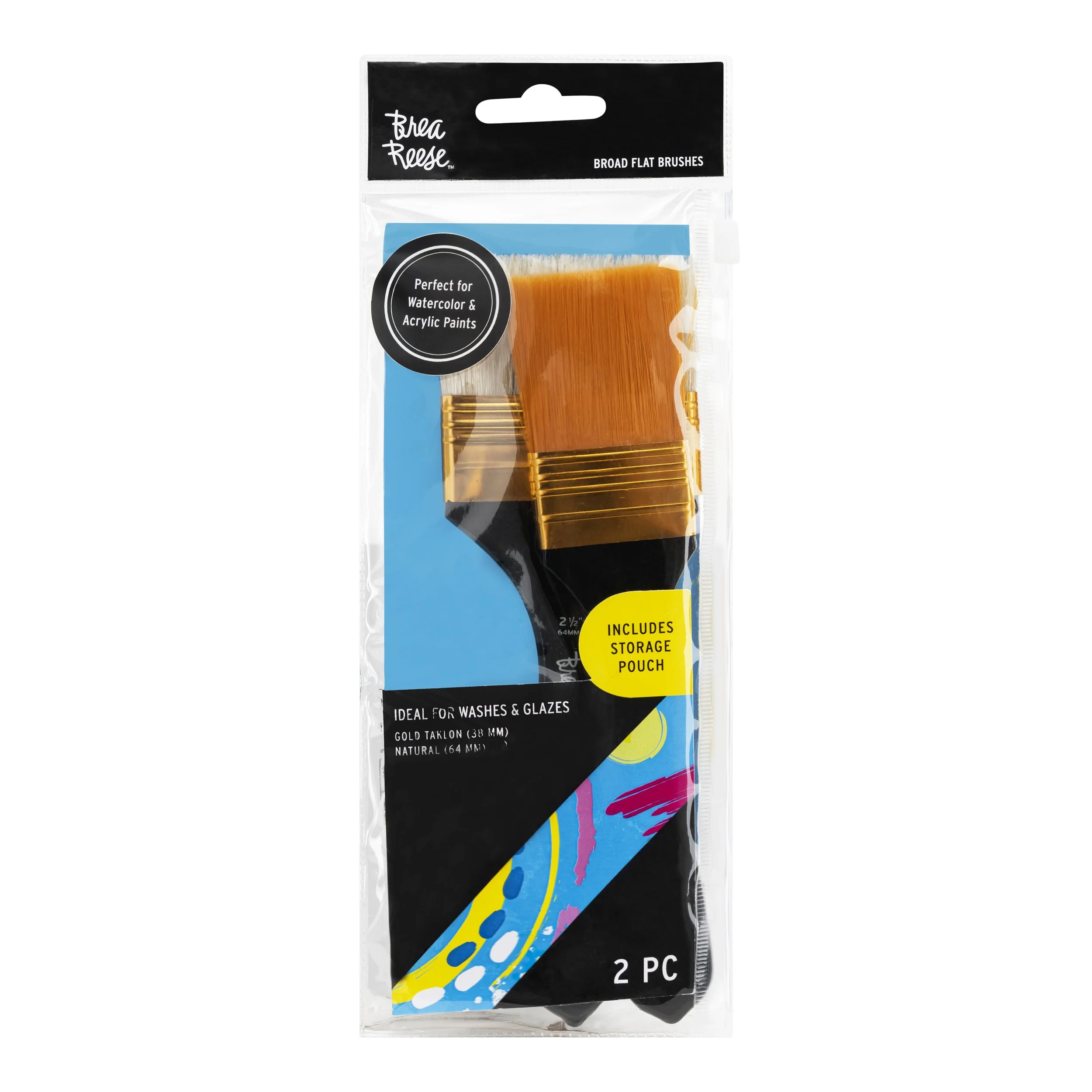 Set of two broad flat paint brushes with natural bristles and gold-colored handles, in clear plastic packaging with colorful label and storage pouch.