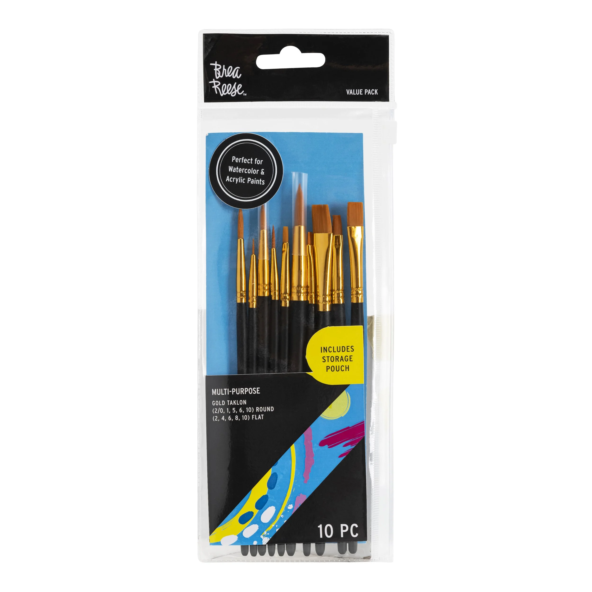 Set of 10 multi-purpose paintbrushes with gold and black handles, including round and flat tips, in a plastic storage pouch.