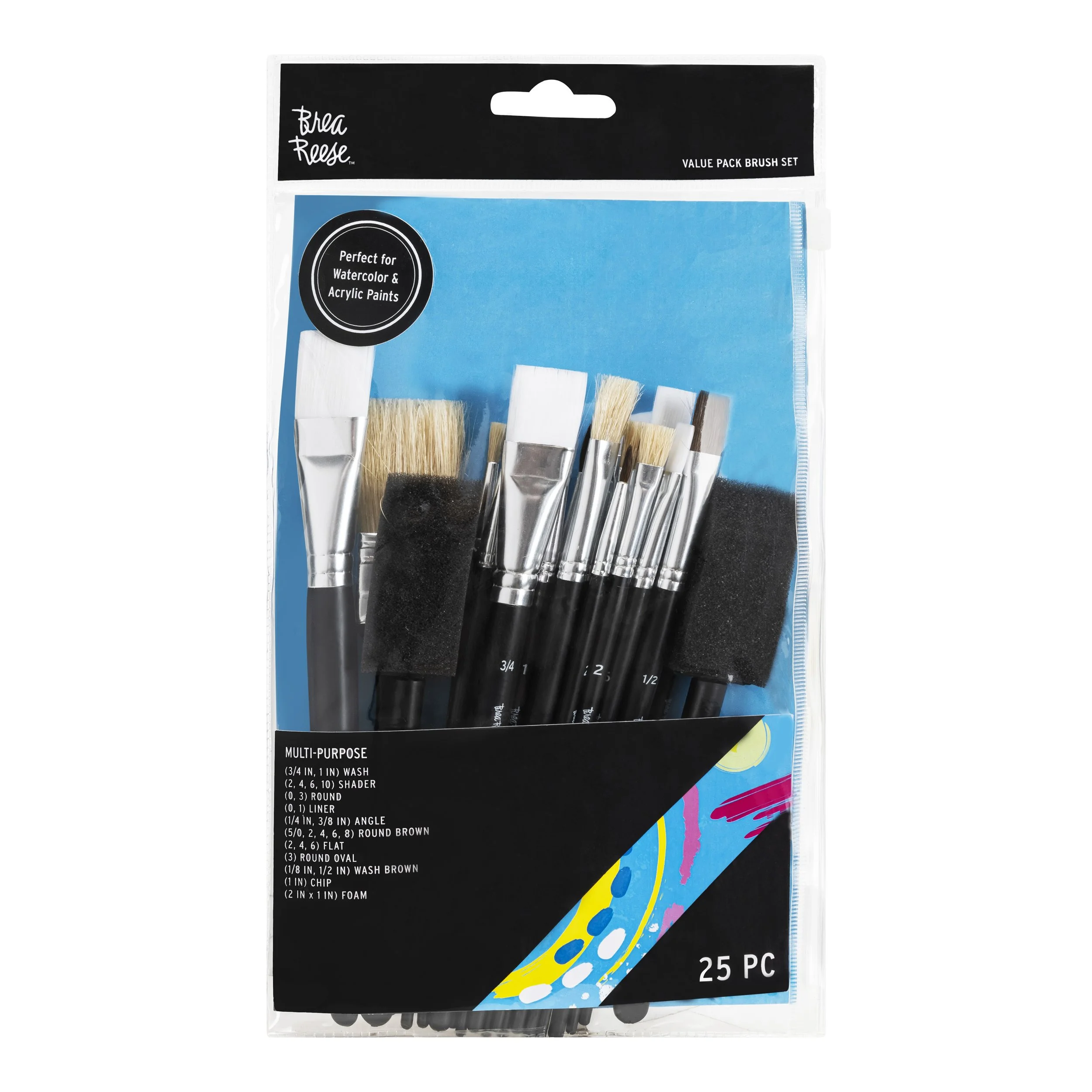 Set of 25 multi-purpose paint brushes in clear plastic packaging with black, blue, and colorful abstract design, labeled for watercolor, acrylic paints, and other uses.