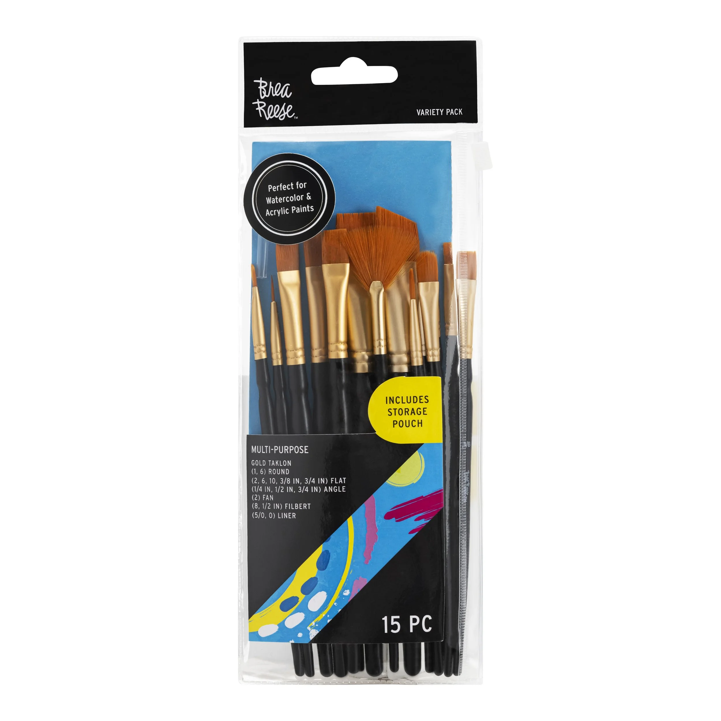 Set of 15 multi-purpose paintbrushes with black handles and gold ferrules, including fan, angled, flat, round, filbert, and liner brushes, along with a storage pouch.