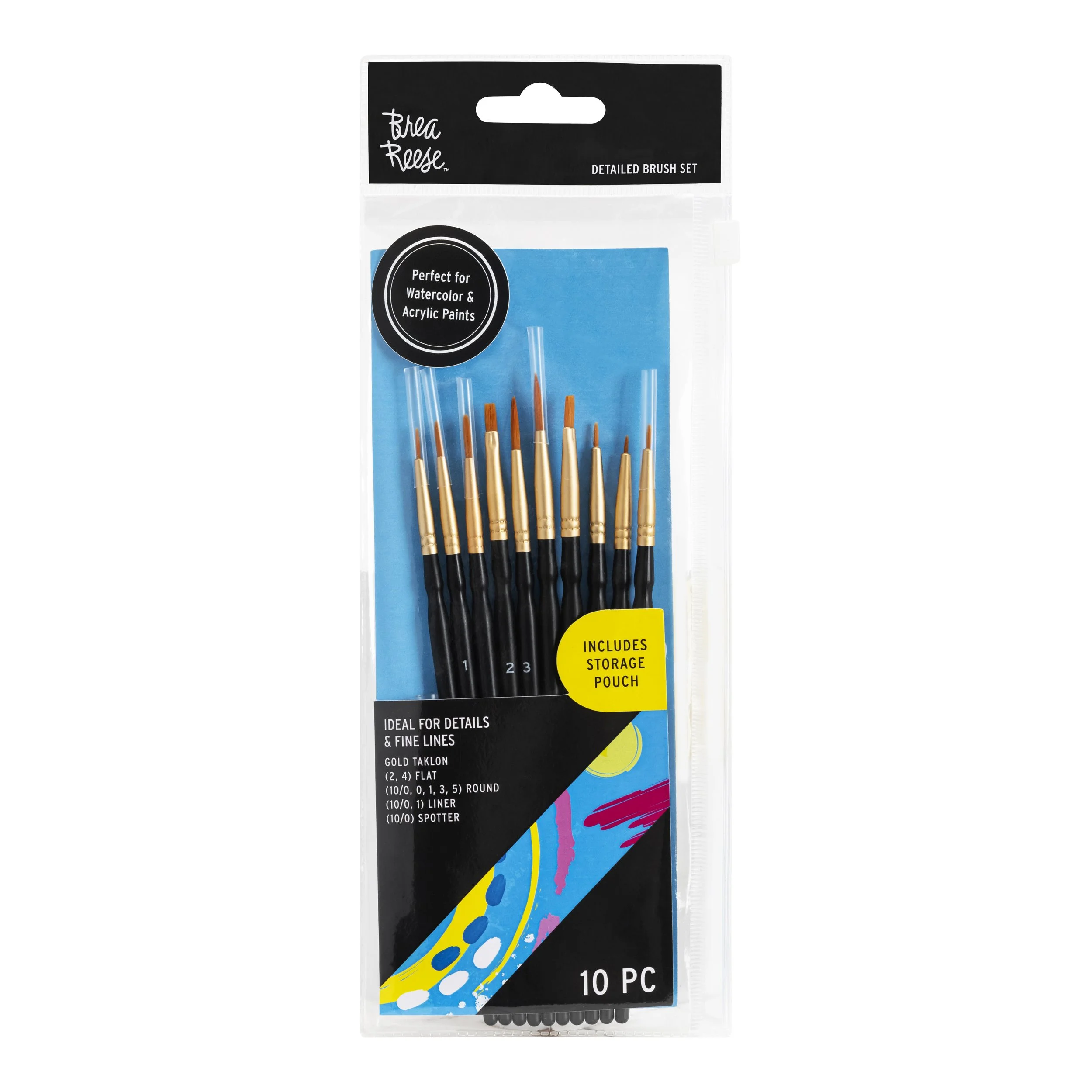 Set of 10 detailed paintbrushes with black handles, gold ferrules, and varying tip sizes in clear plastic packaging with black and blue design.
